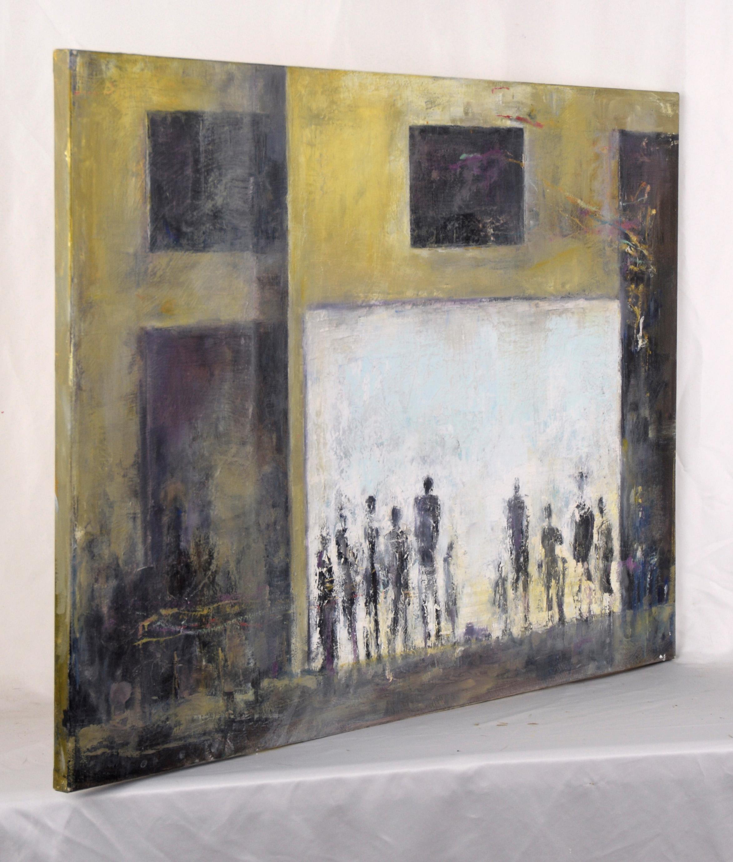 Esperando - Paisaje urbano abstracto con figuras en acrílico sobre lienzo en venta 2