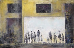 Esperando - Paisaje urbano abstracto con figuras en acrílico sobre lienzo