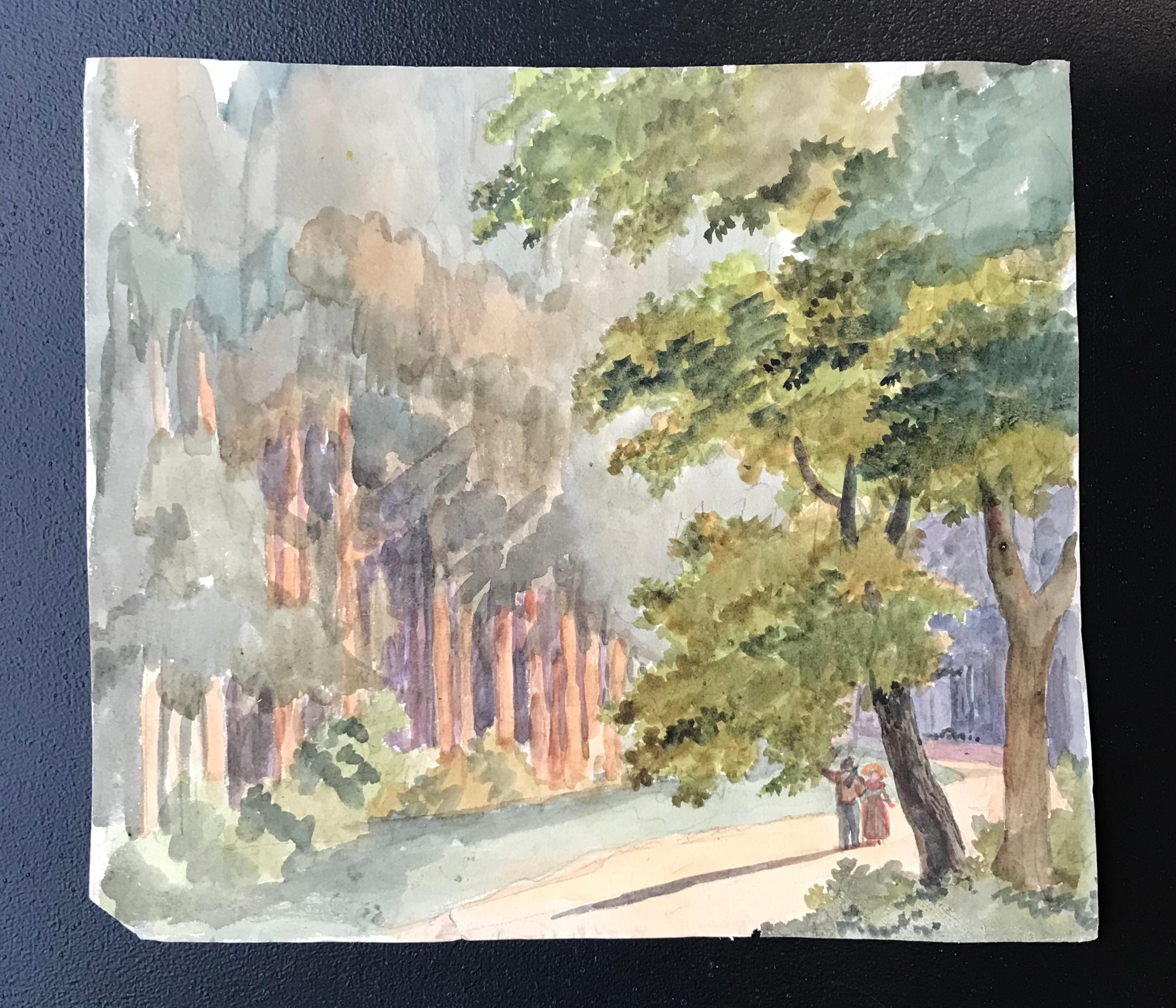 Walk in a park - Watercolor on paper 18x20 cm - Painting by Unknown