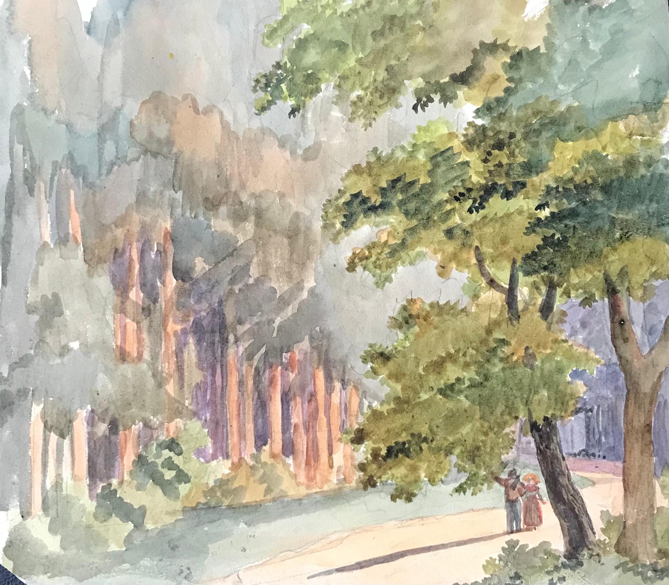 Unknown Landscape Painting - Walk in a park - Watercolor on paper 18x20 cm