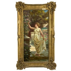 "Paseando por el patio trasero" Pintura al óleo antigua del siglo XVIII sobre lienzo