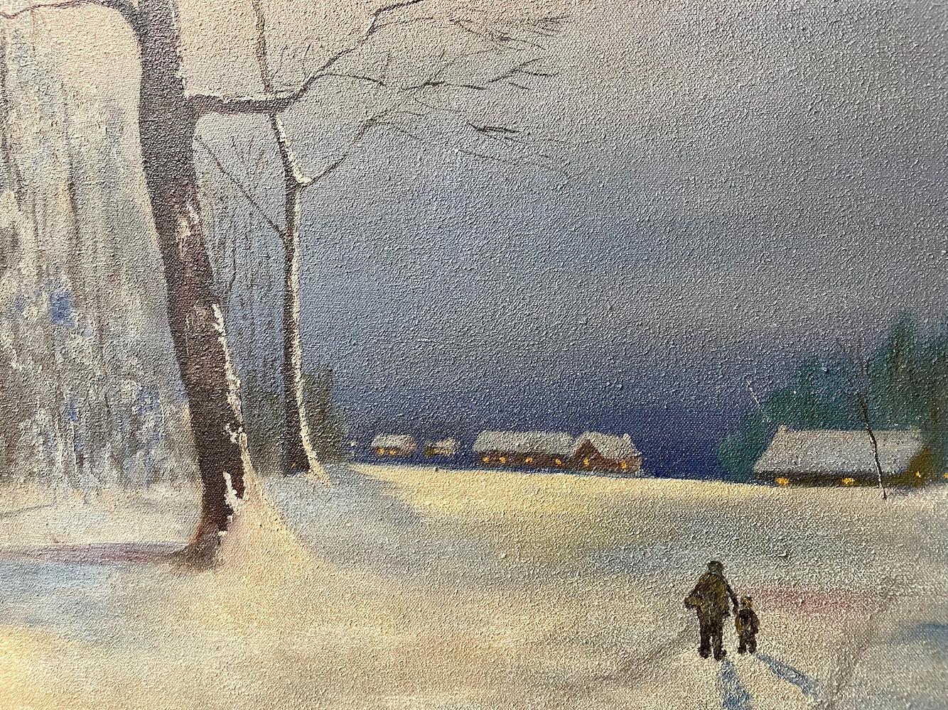 “Walking Among the Trees” A Winter Scene in Blue, Gray & White - Painting by Unknown