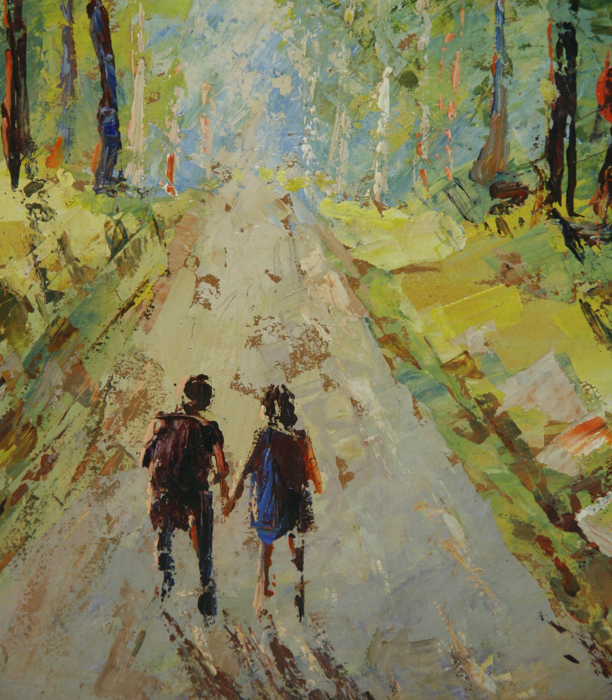 5085 Oil on canvas of a young couple walking hand in hand thru the forest path