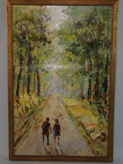 Vintage French Oil Painting  Couple Strolling Thru the  Forest Path