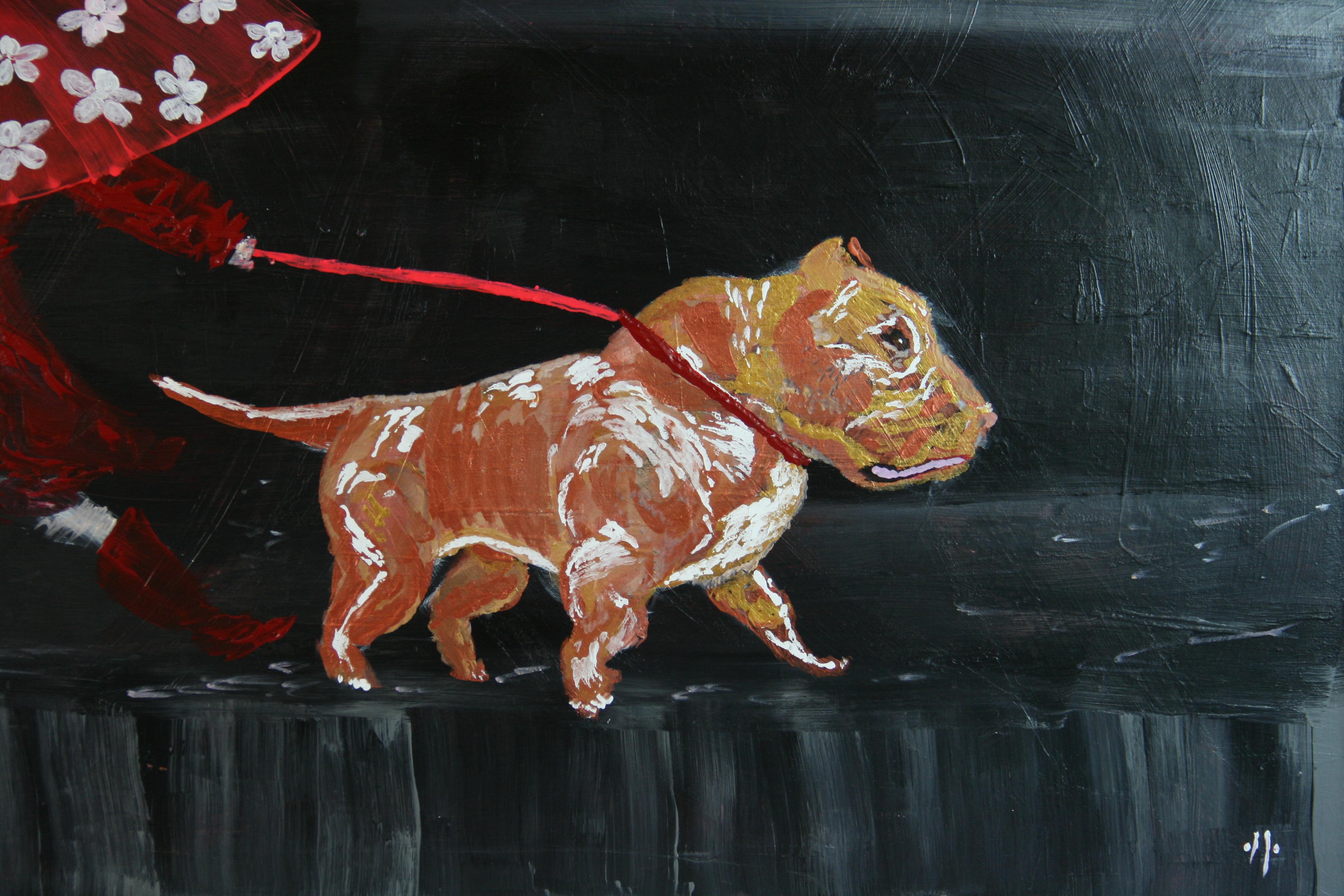 Walking the Dog in the Rain Oversized Oil - Gray Animal Painting by Unknown