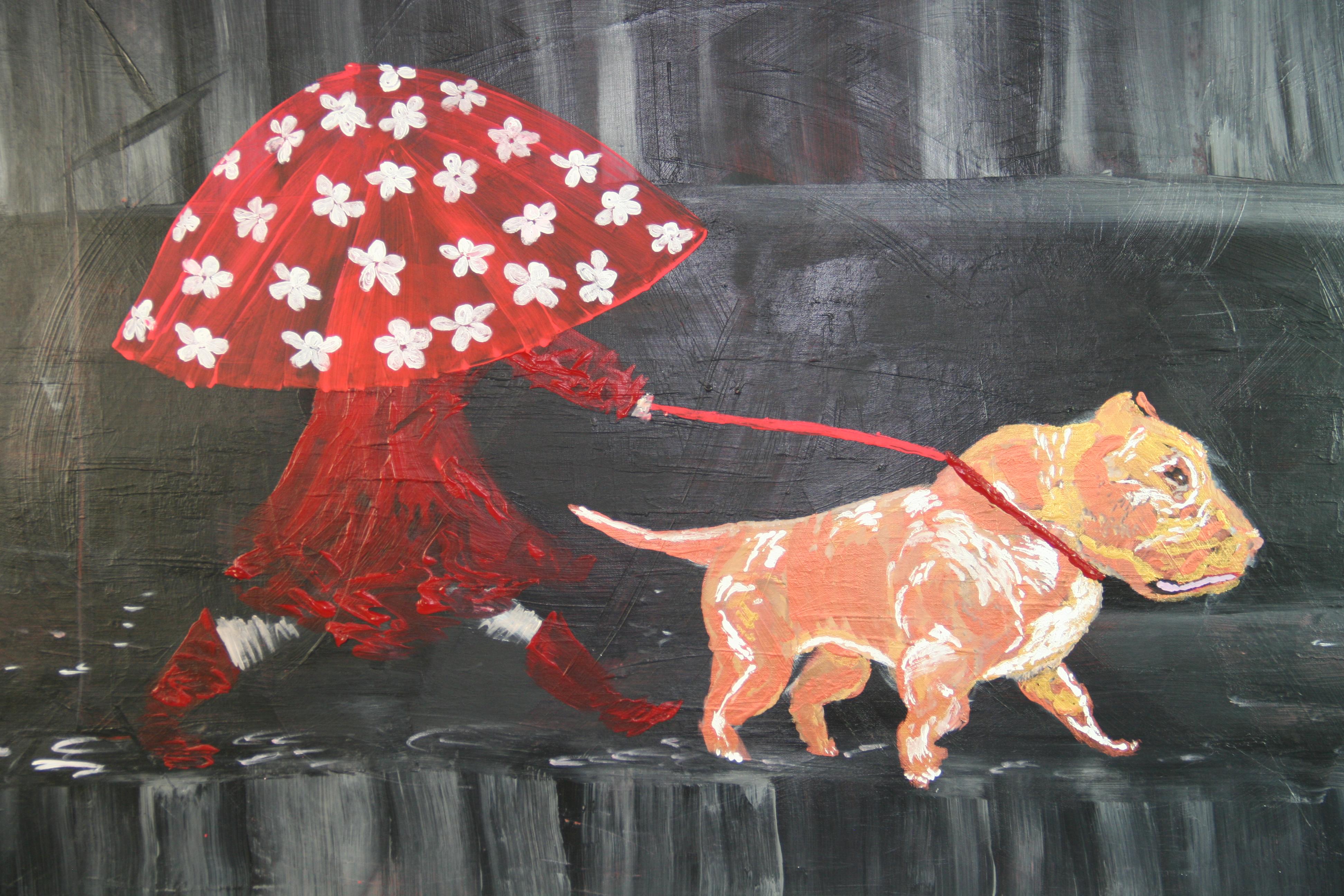 5078 Oversized oil on canvas of a girl walking a dog 