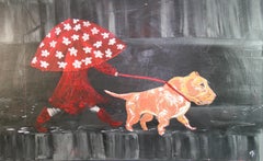 Mit dem Hund im Regen spazieren gehen, Öl auf Leinwand in Übergröße, 1970er Jahre, ungerahmt