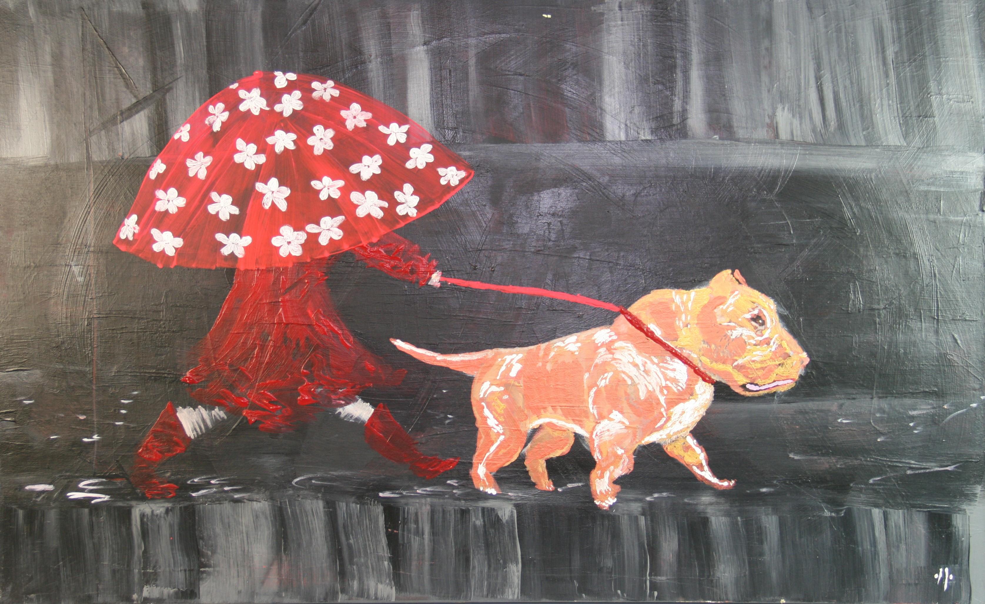 Walking the Dog in the Rain, Oversized Oil on Canvas, 1970s, Unframed