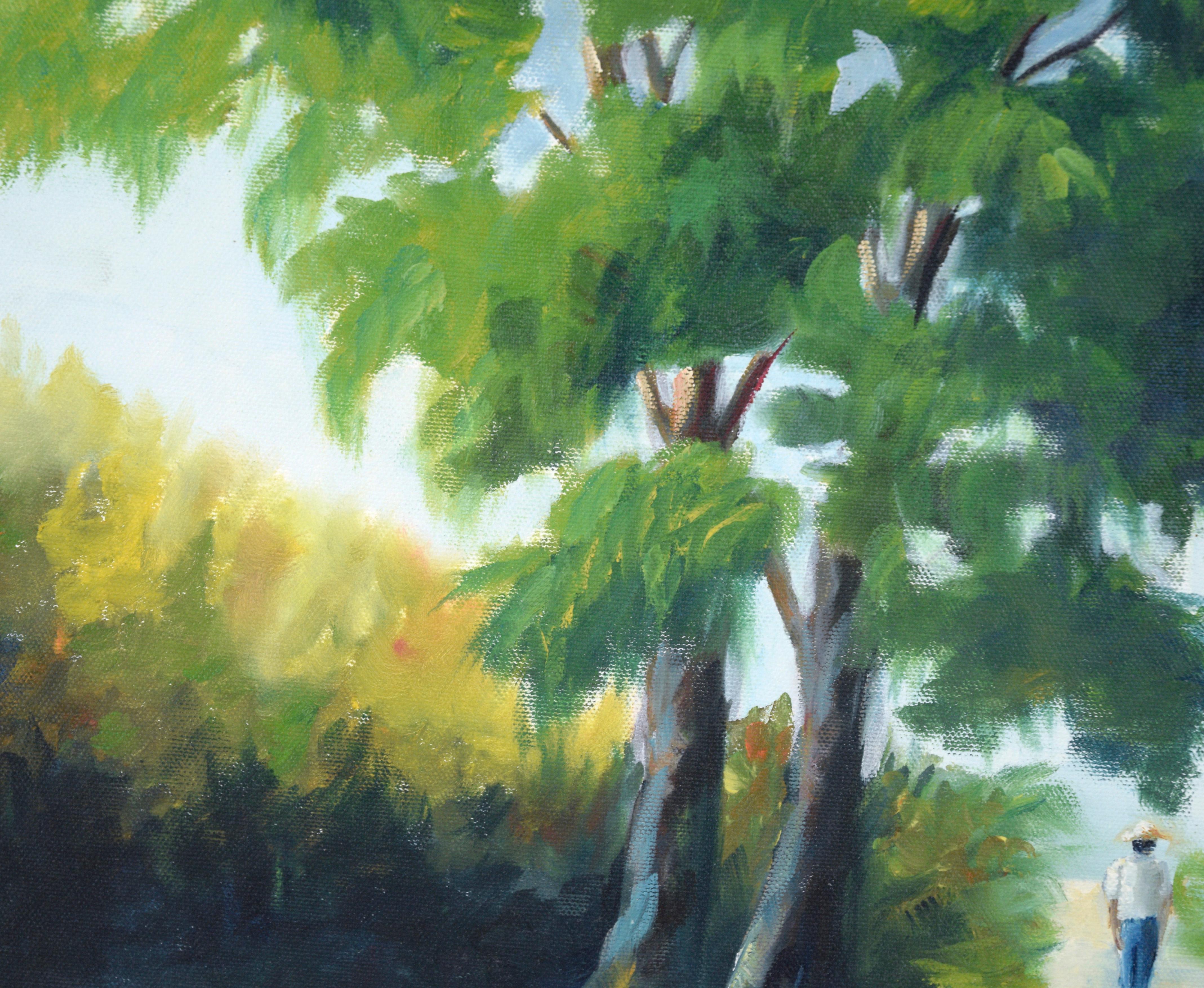 Walking the Path Under the Trees – Landschaft in Acryl auf Leinwand

Helle und farbenfrohe Landschaft von einem unbekannten Künstler (20. Jahrhundert). Zwei große Bäume stehen im Mittelpunkt dieses Werks mit üppigem Grün und tiefen Schatten. Die