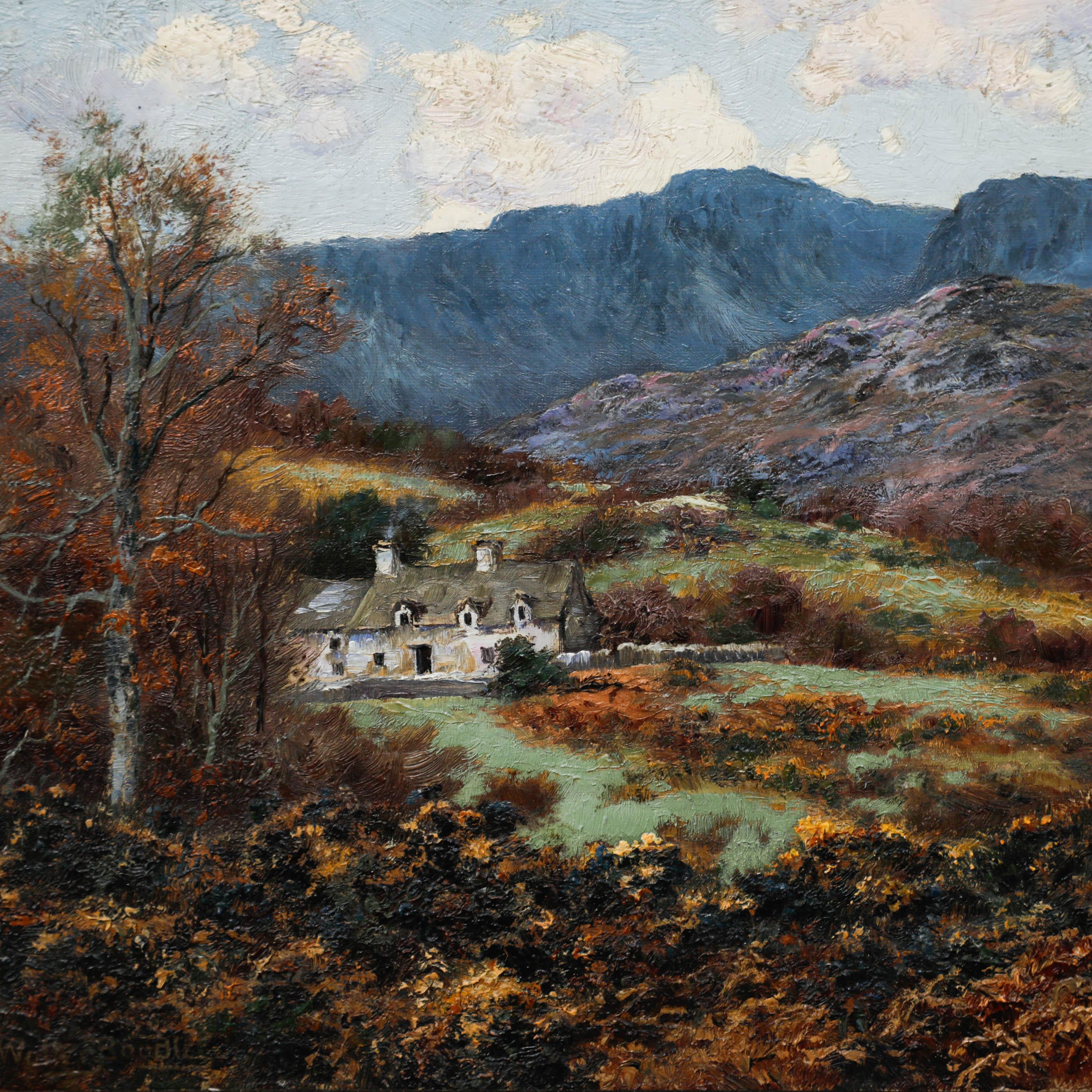 An atmospheric landscape painting by the listed British artist Walter Boodle (1859-1914). A Welsh cottage near the summit of Cader Idris. Well presented in a gilt-effect frame and wooden slip, finished with palmette ornamentation to the outer