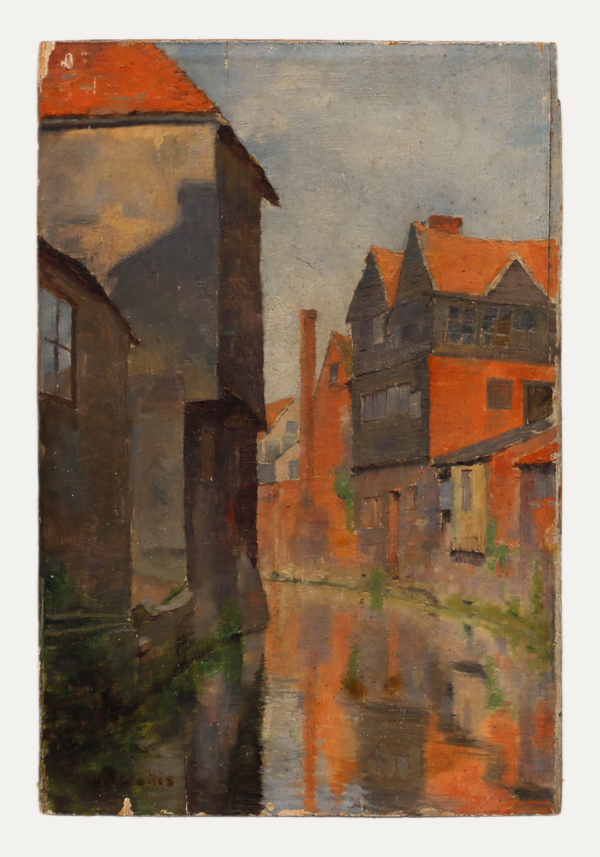 Walter Wallis (1853-1934) - Olio dell'inizio del XX secolo, Riflessioni sul canale - Painting di Unknown