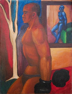 Portrait figuratif abstrait du boxeur Jack Johnson aux tons chauds