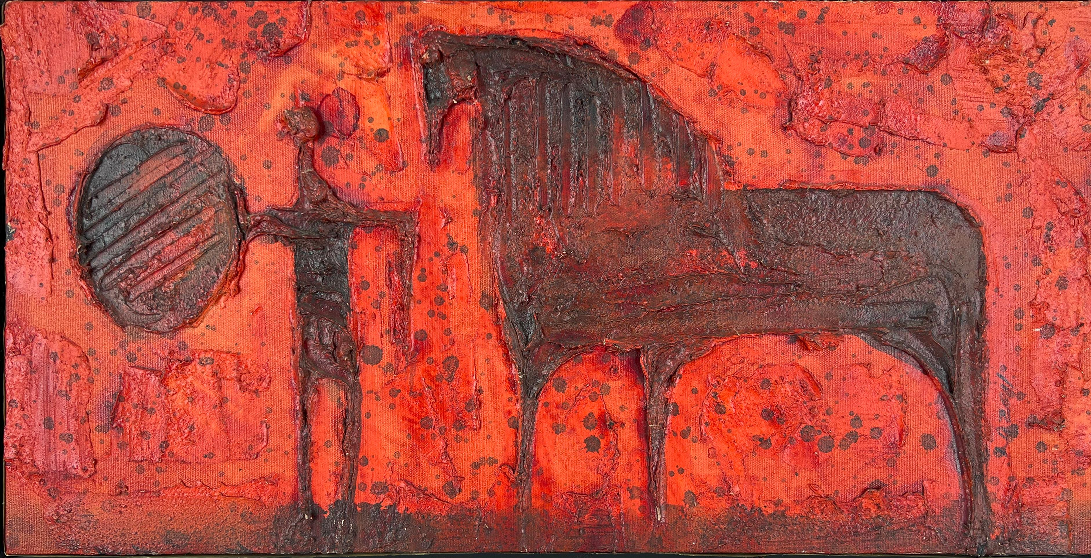 Le guerrier et son cheval originale huile et argile sur toile - Painting de Unknown