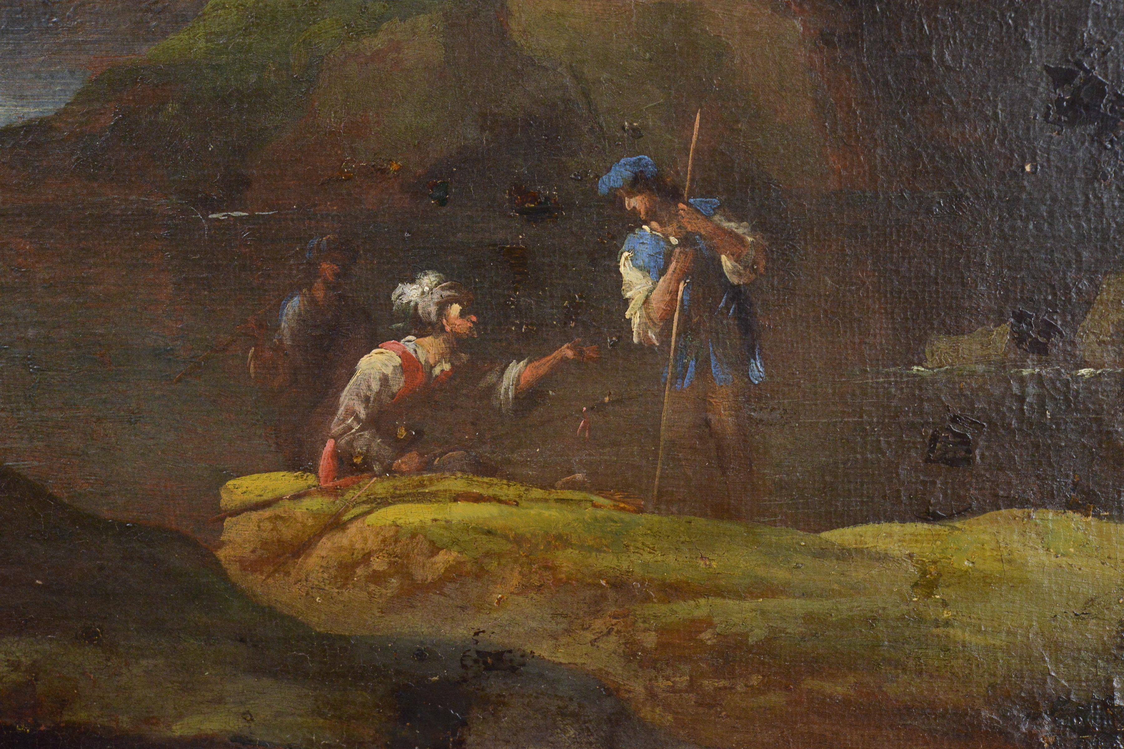 Figuras guerreras conversando en un paisaje capriccio Pintura al óleo del siglo XVII-XVIII - Painting Barroco de Unknown