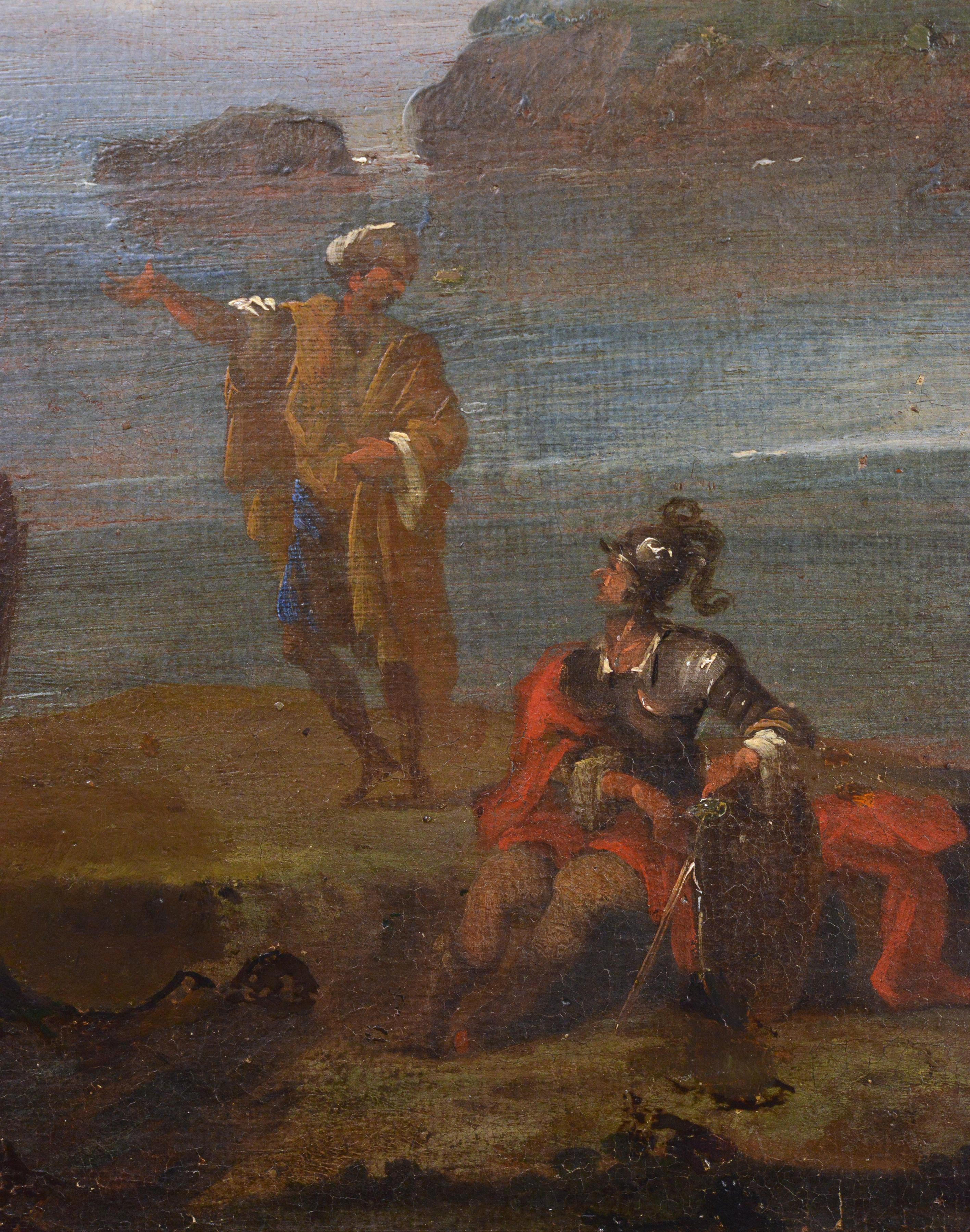 Figuras guerreras conversando en un paisaje capriccio Pintura al óleo del siglo XVII-XVIII - Figurative Painting Marrón de Unknown