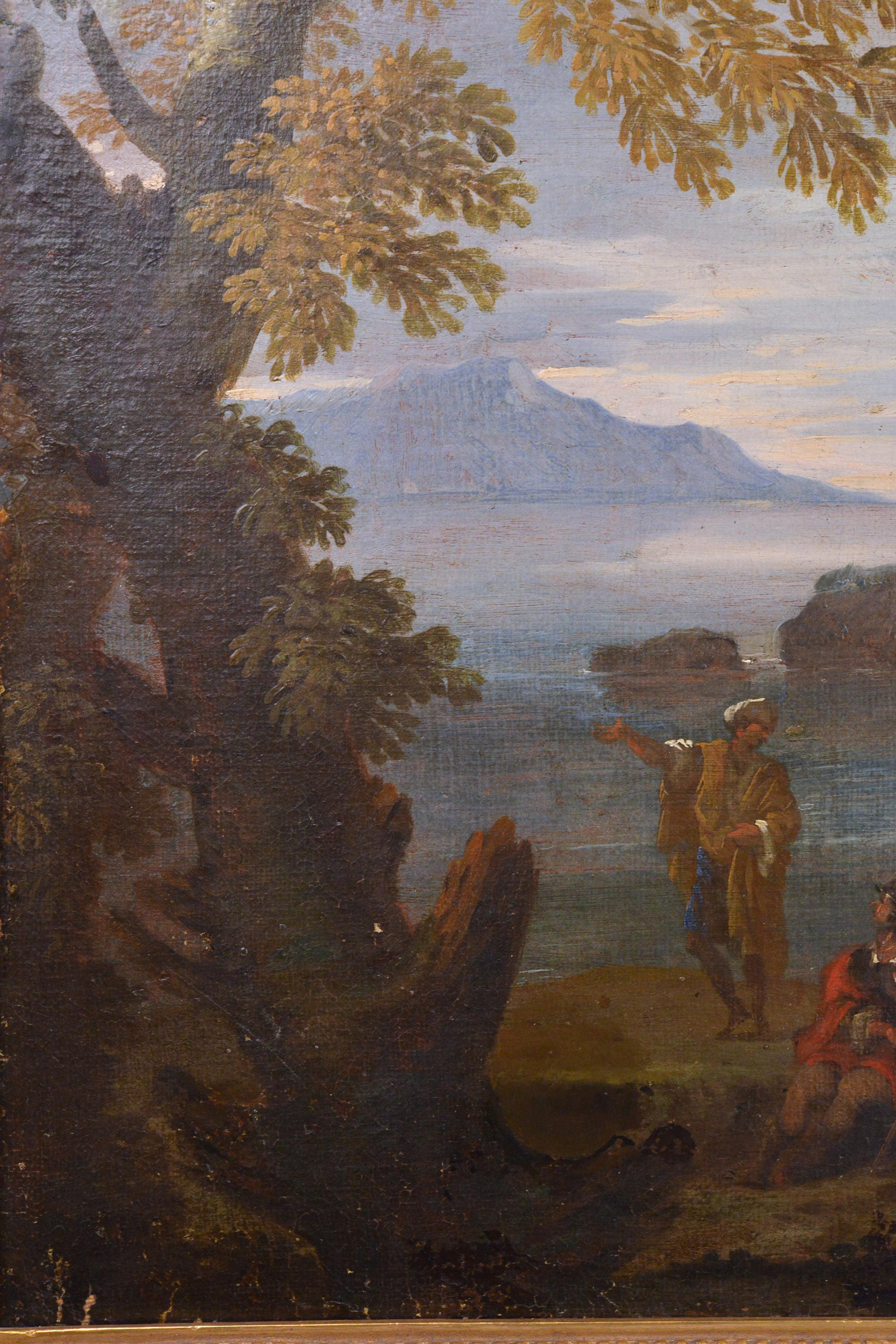 Figuras guerreras conversando en un paisaje capriccio Pintura al óleo del siglo XVII-XVIII en venta 1