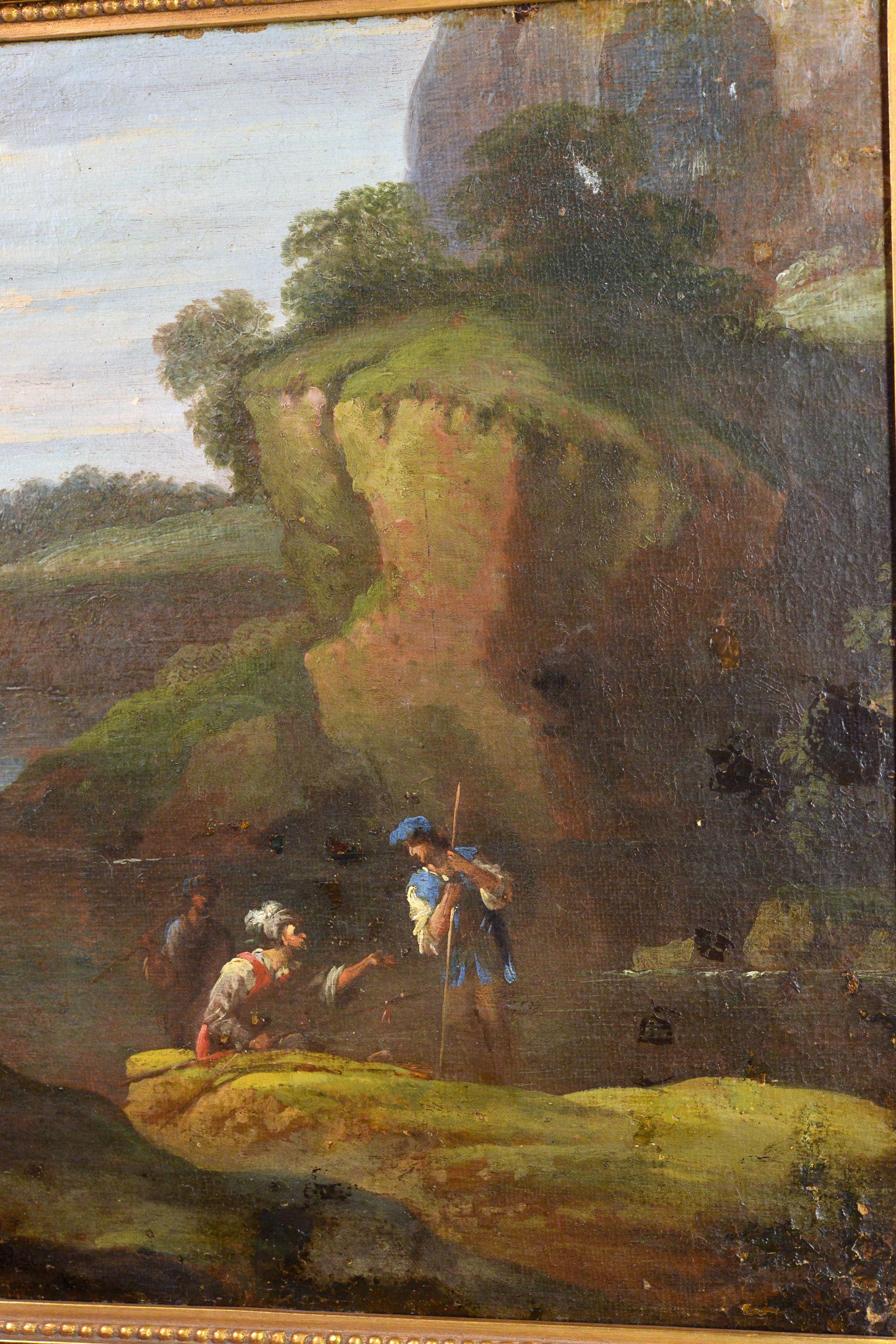 Figuras guerreras conversando en un paisaje capriccio Pintura al óleo del siglo XVII-XVIII en venta 2