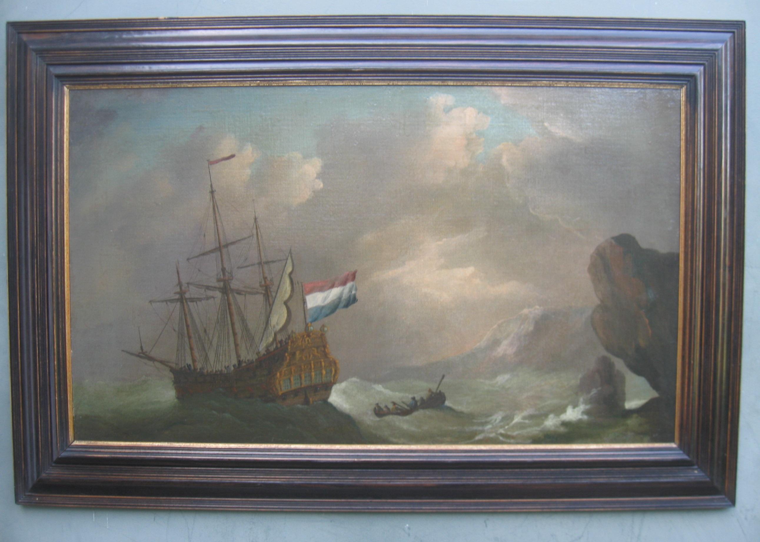 'Warship in Distress in a Storm' 17th Century Old Master Marine Seascape ci1700 - Painting by Unknown