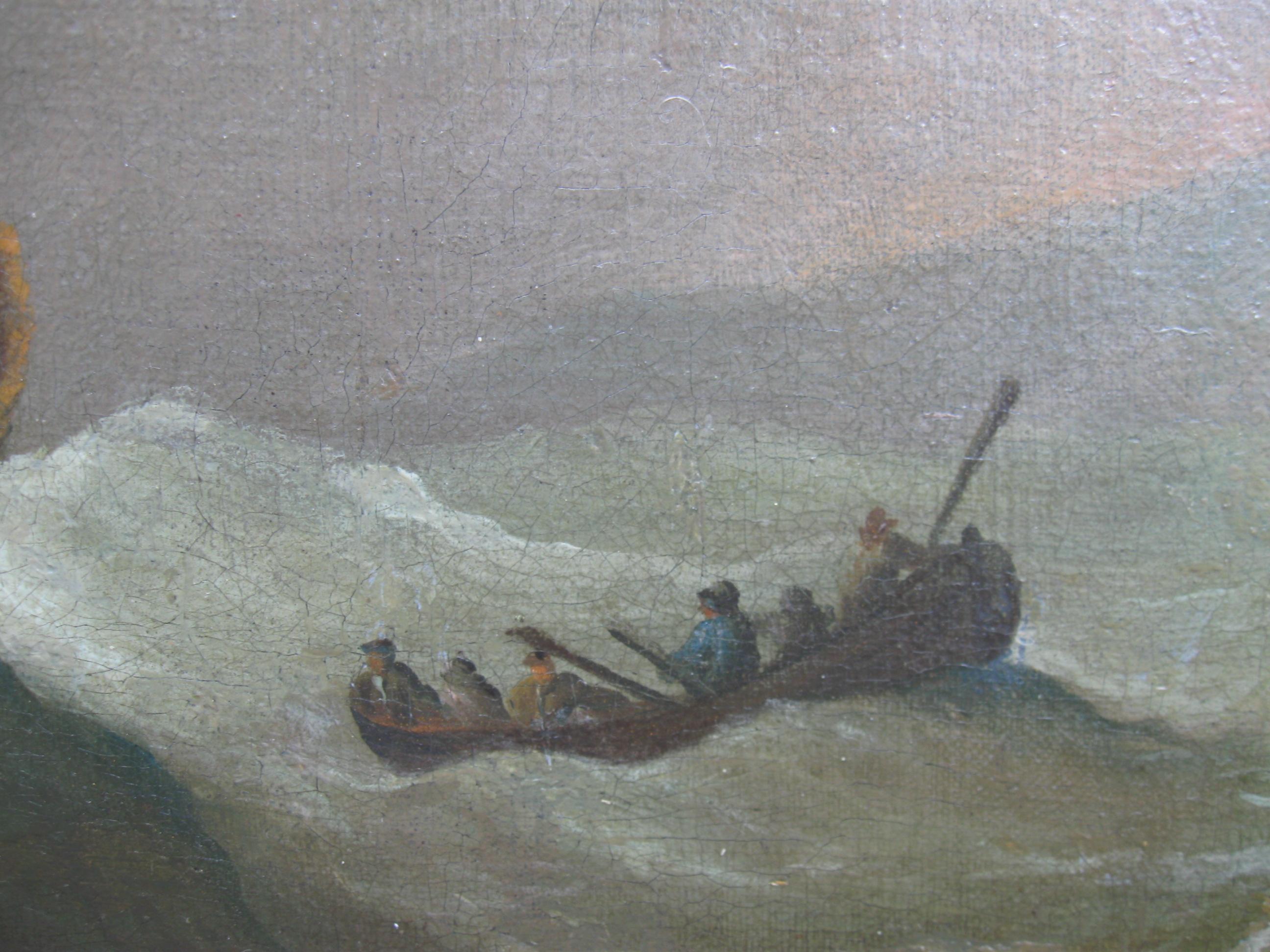 'Warship in Distress in a Storm' 17th Century Old Master Marine Seascape ci1700 - Old Masters Painting by Unknown