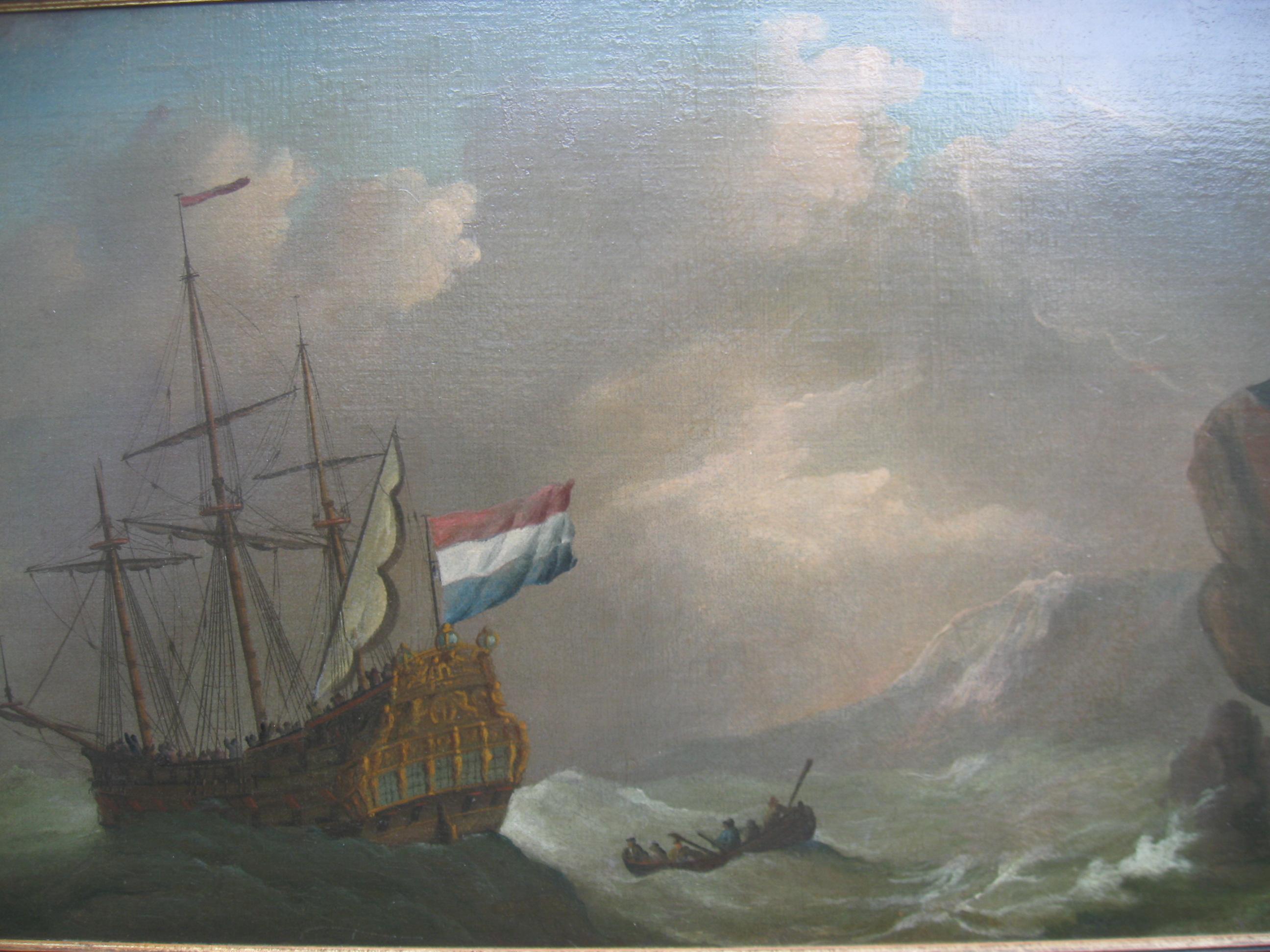Unknown Landscape Painting - 'Warship in Distress in a Storm' 17th Century Old Master Marine Seascape ci1700