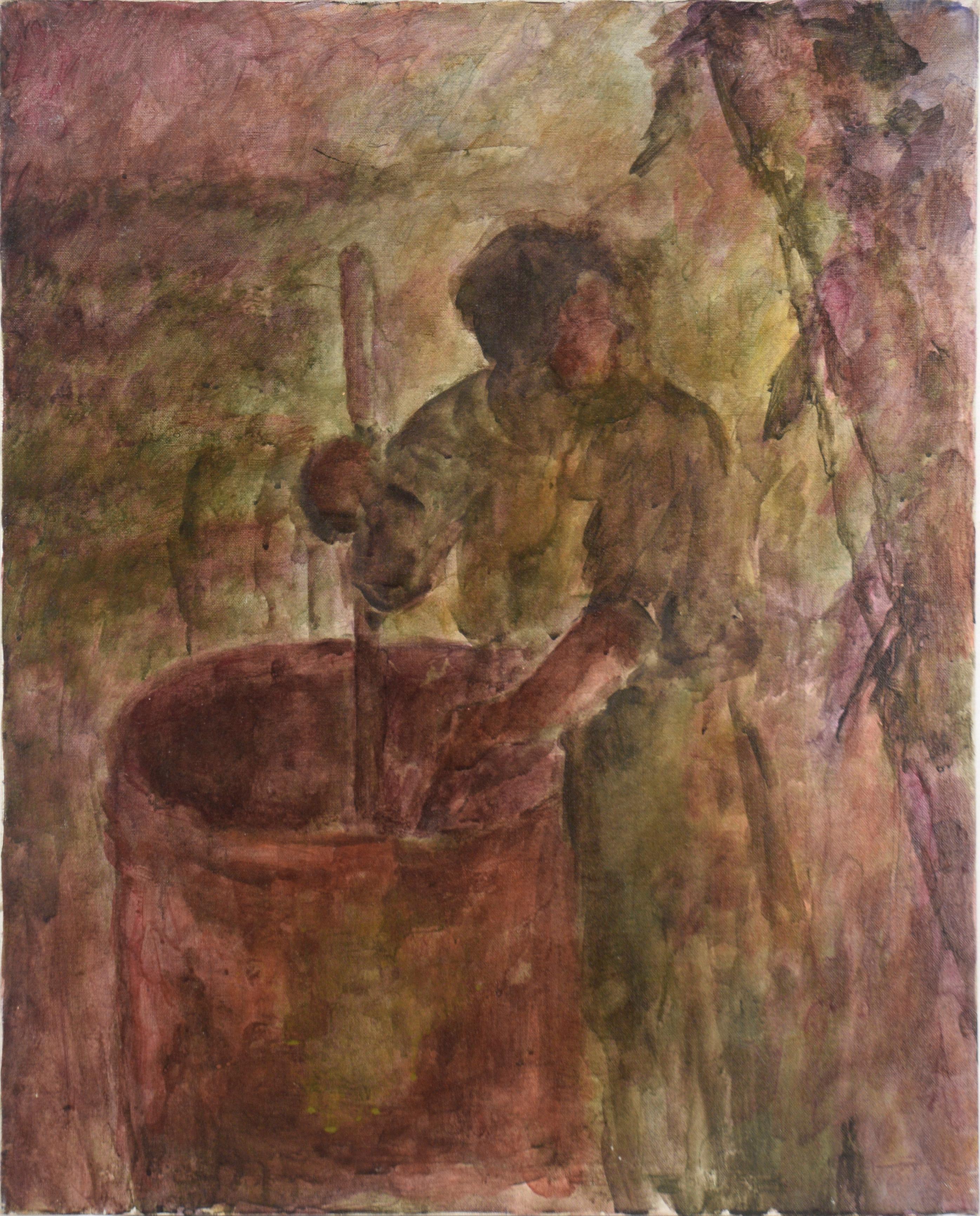 Unknown Figurative Painting - Washerwoman Doing the Laundry