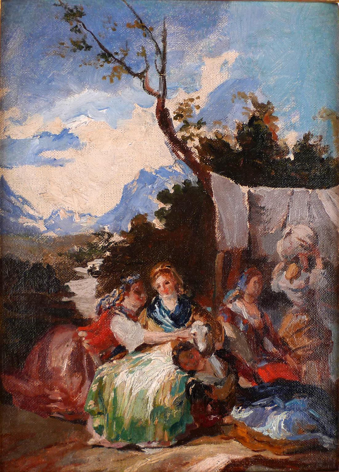 Unknown Landscape Painting – „Washerwomen“, spanische Schule, Öl auf Leinwand, 19. Jahrhundert, Washerwomen bei der Arbeit