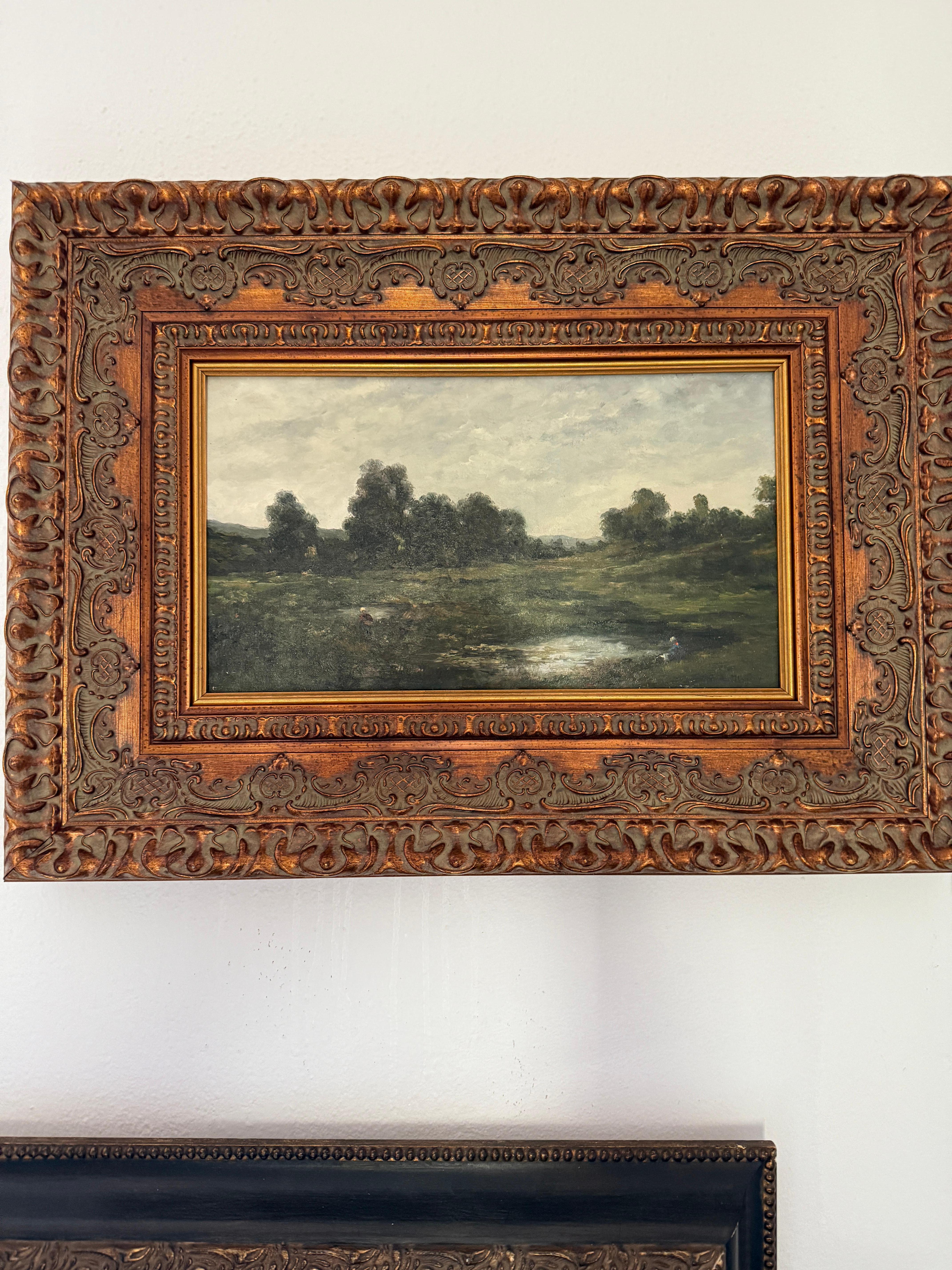 Washerwomen in Landscape - Barbizon School Painting by Unknown