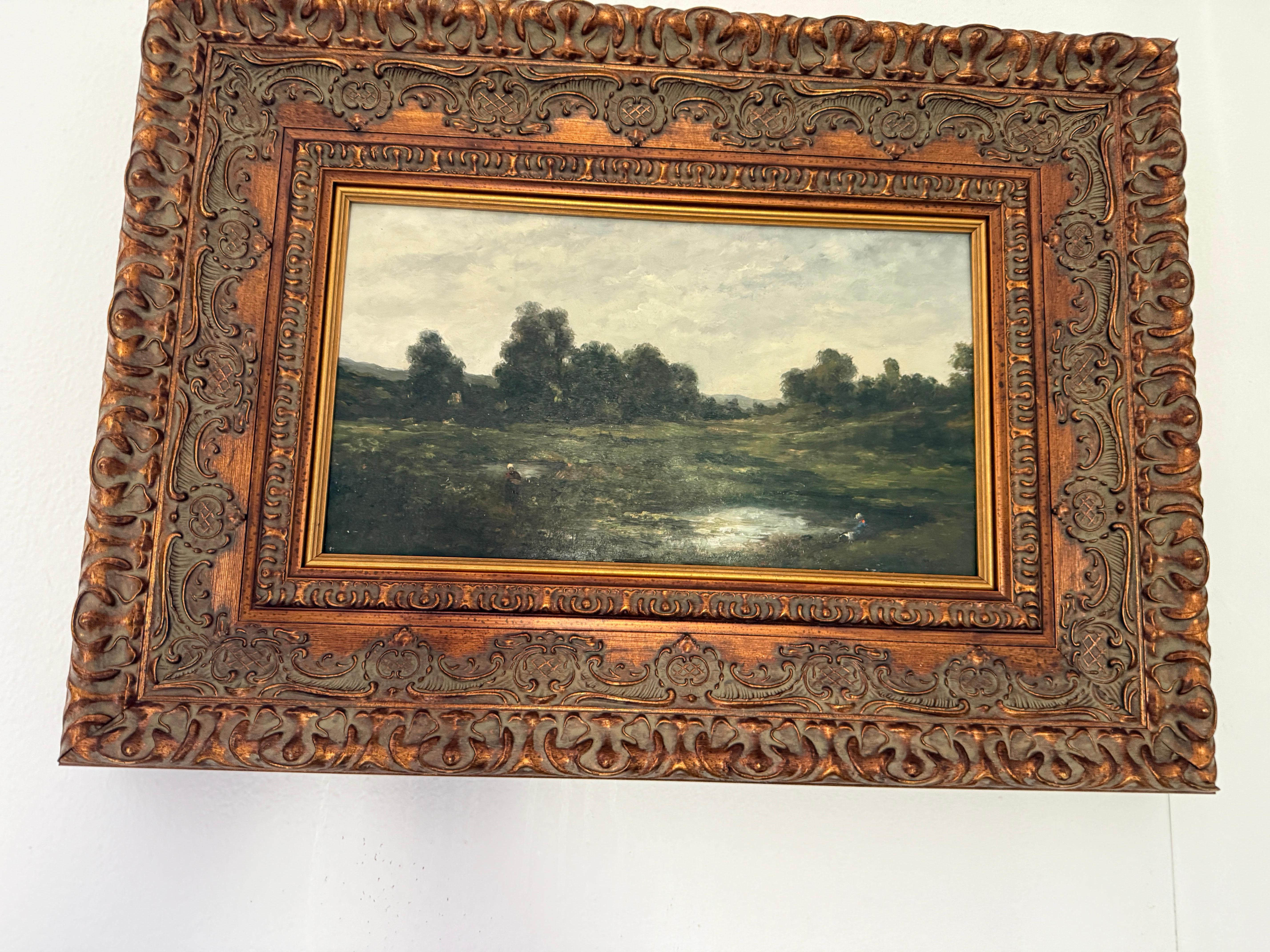 Washerwomen in Landscape - Brown Landscape Painting by Unknown