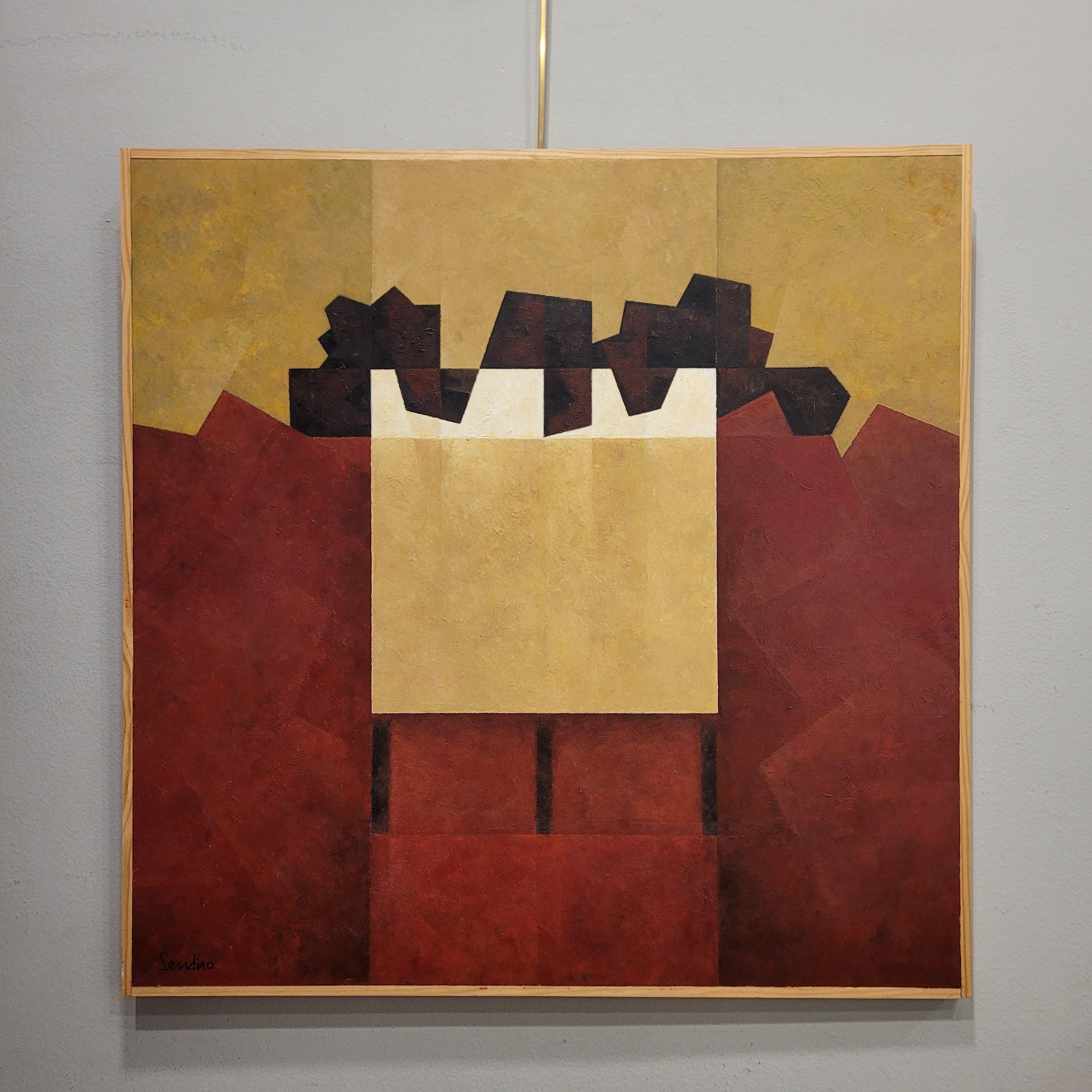 Water-based encaustic “Qvadrum”, yellow, burgundy, Julio Sendino Contemporary Ar - Brown Abstract Painting by Unknown
