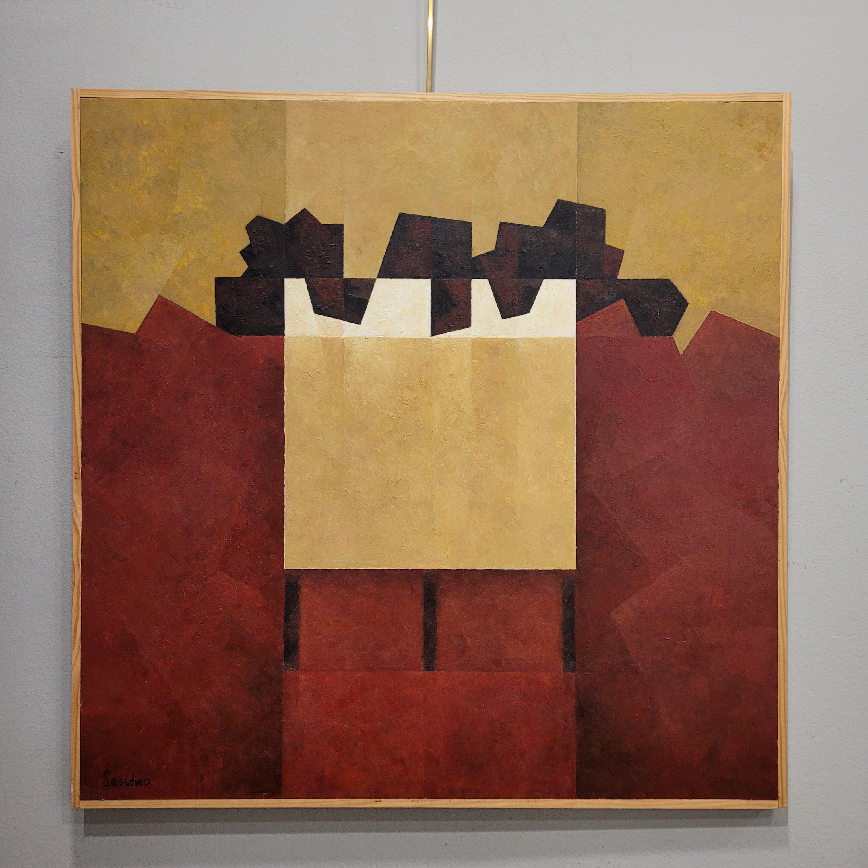 Water-based encaustic “Qvadrum”, yellow, burgundy, Julio Sendino Contemporary Ar For Sale 1