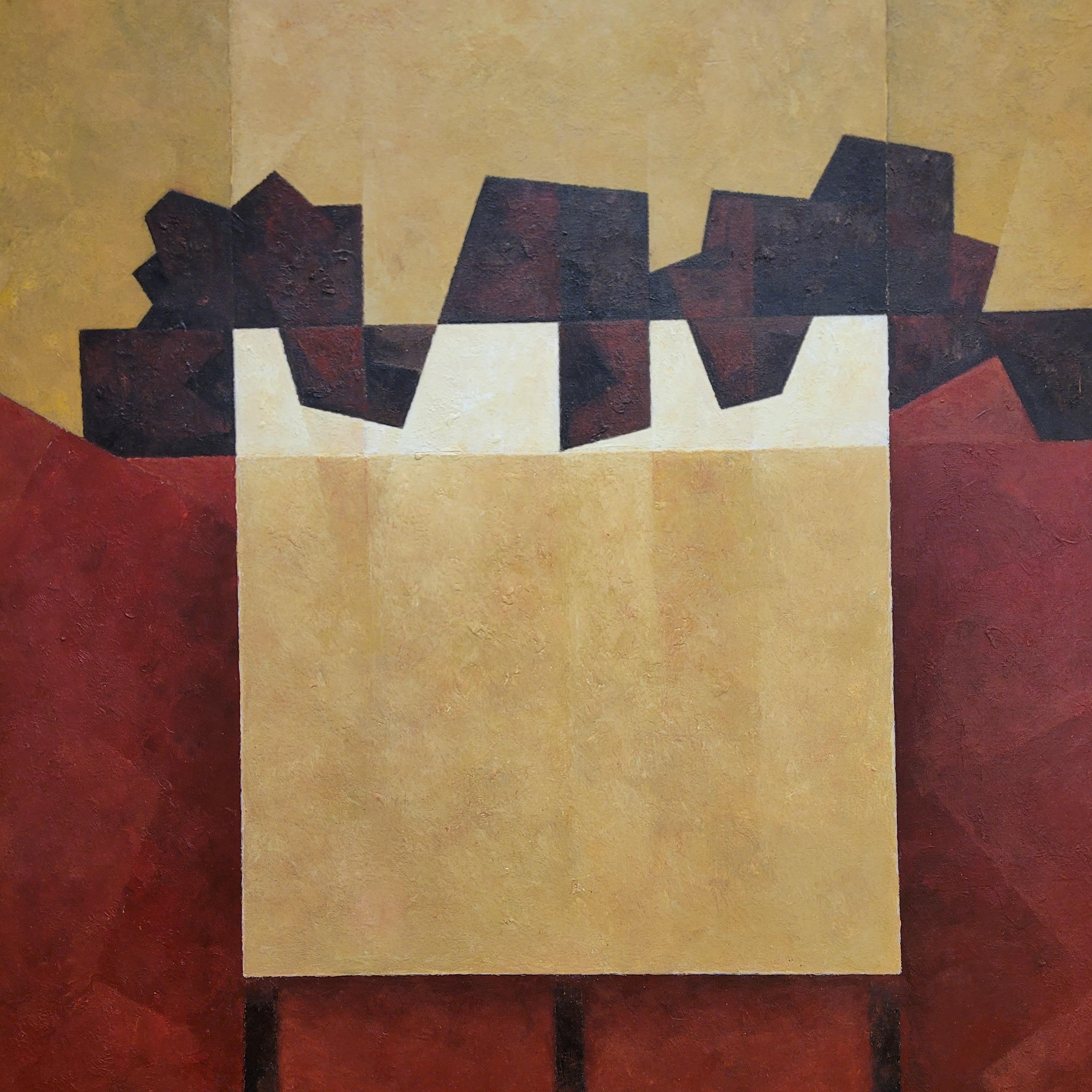 Water-based encaustic “Qvadrum”, yellow, burgundy, Julio Sendino Contemporary Ar For Sale 3