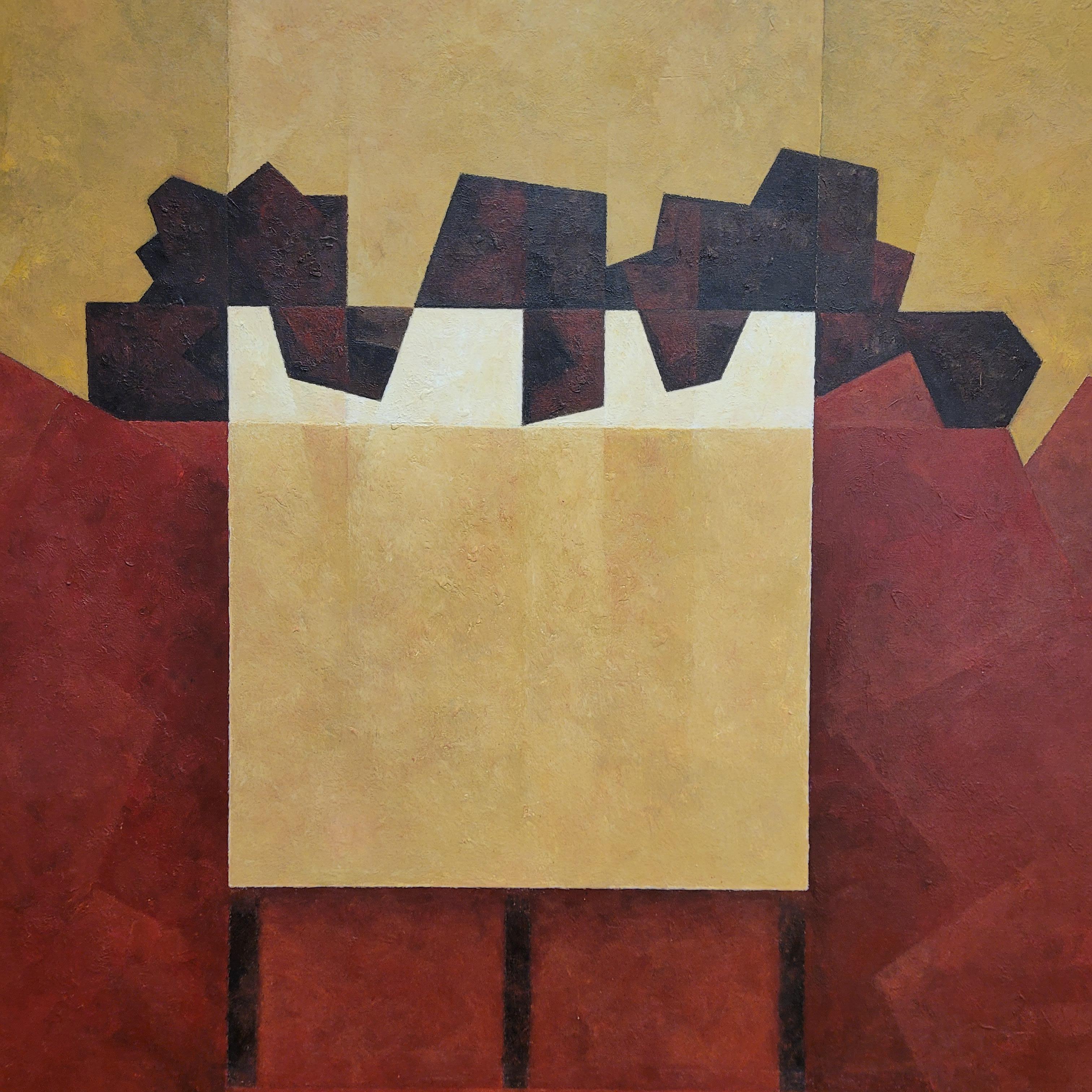 Water-based encaustic “Qvadrum”, yellow, burgundy, Julio Sendino Contemporary Ar For Sale 4