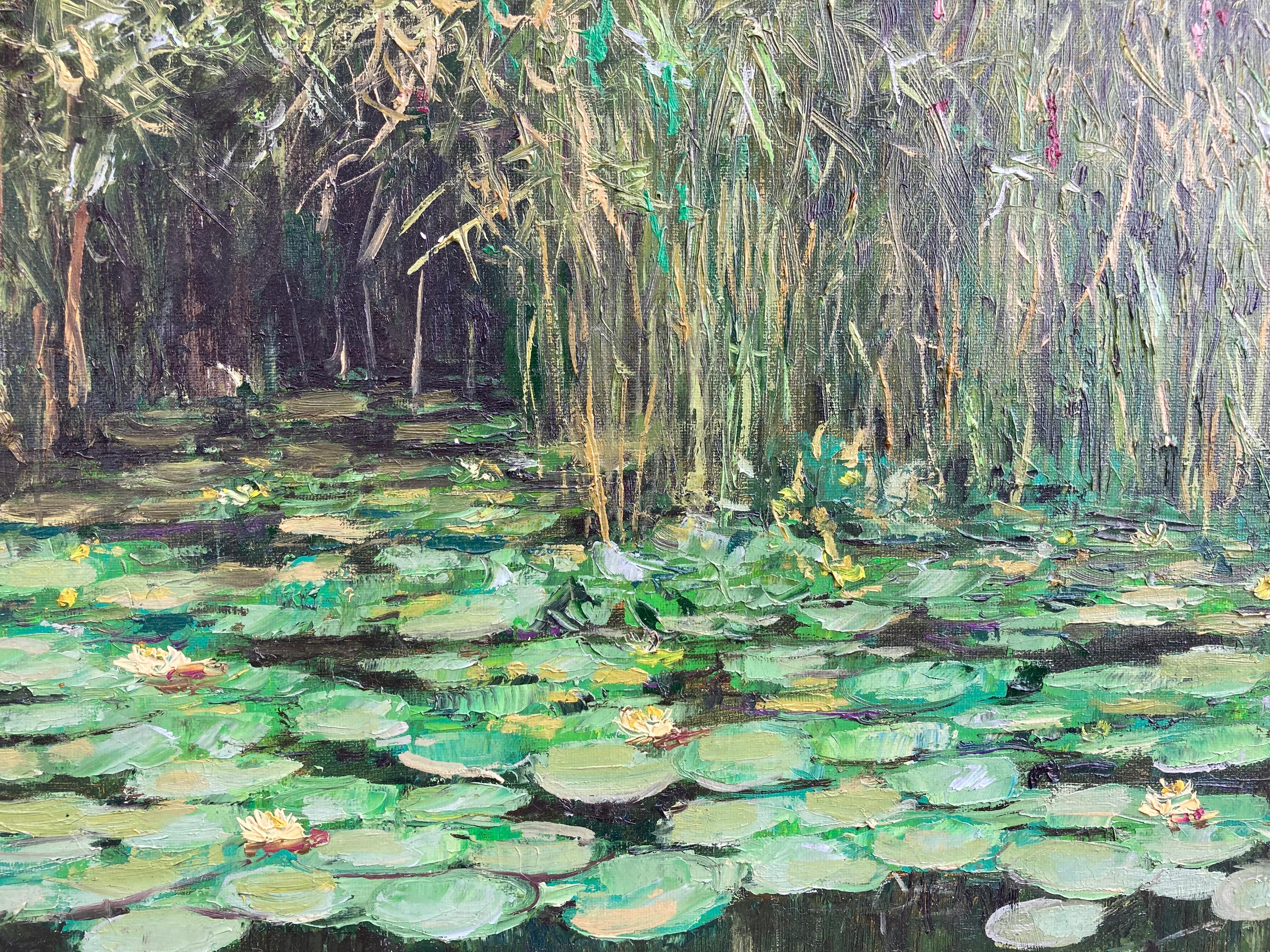 A stunning rendering of water lilies with flowers and reeds, by a Russian artist whose name I cannot make out on the back of the canvas - I was buying these from Ukraine - so I have listed it as 