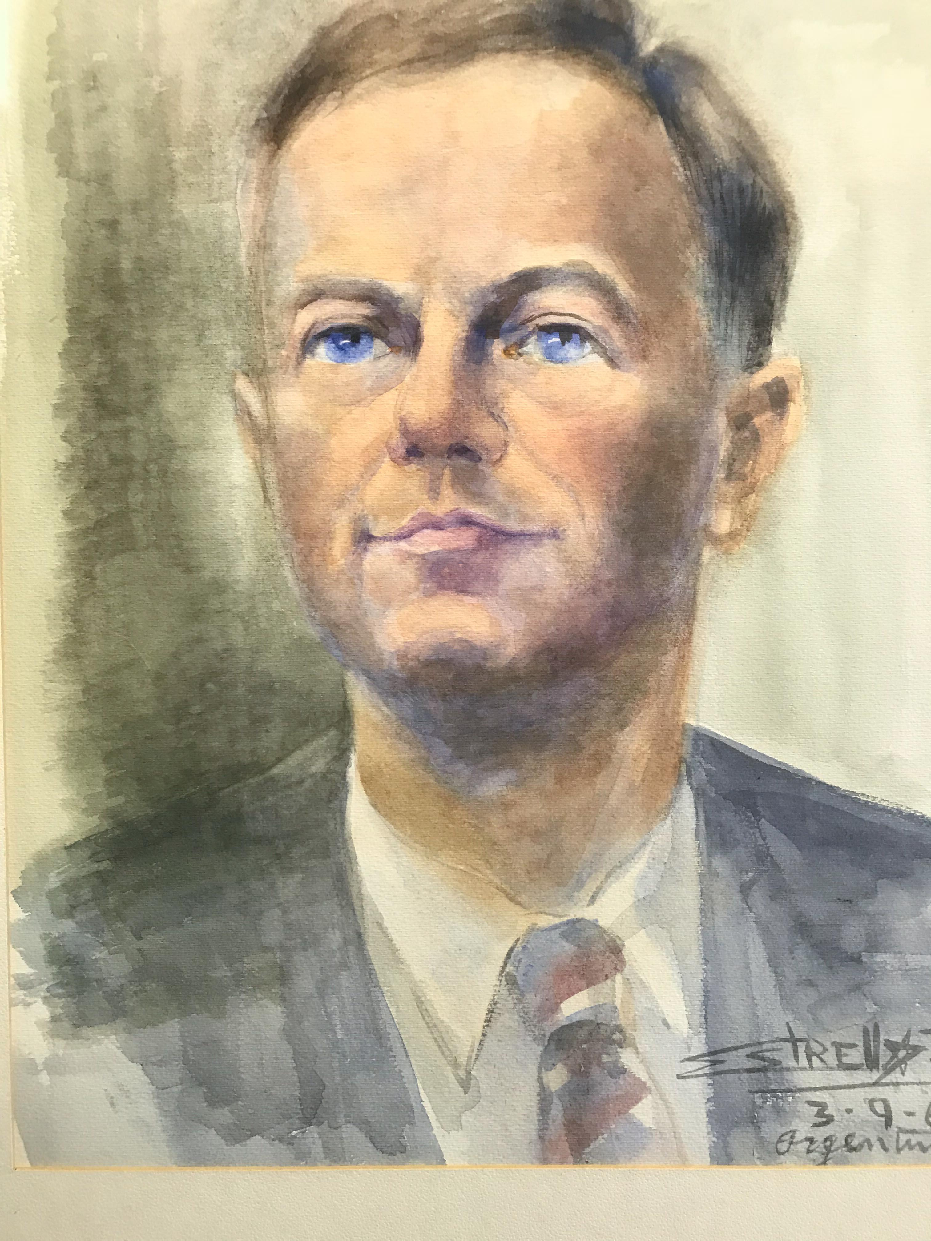 Watercolor Portrait of a Man, Signed - Modern Painting by Unknown