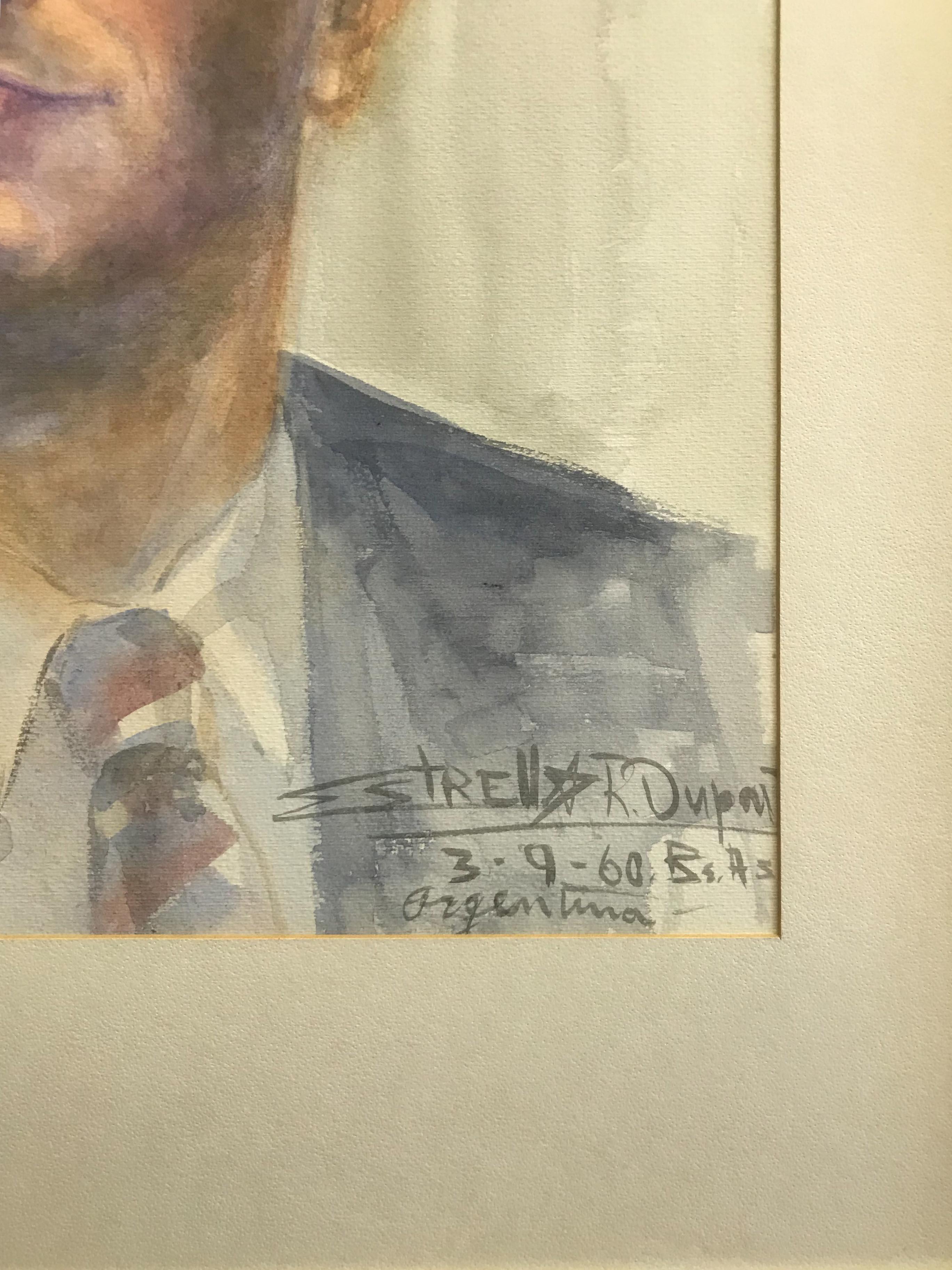 Watercolor Portrait of a Man, Signed - Gray Figurative Painting by Unknown