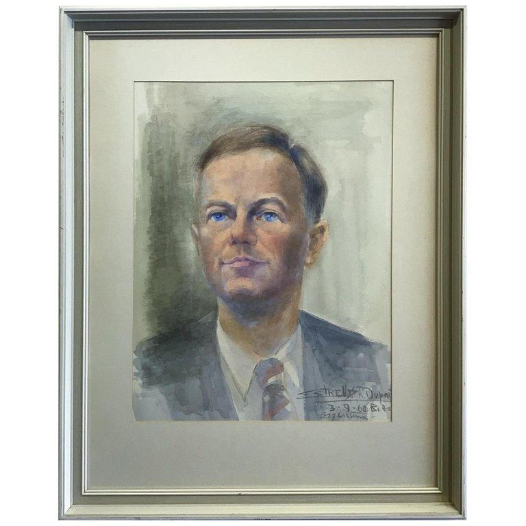 Unknown Figurative Painting - Watercolor Portrait of a Man, Signed