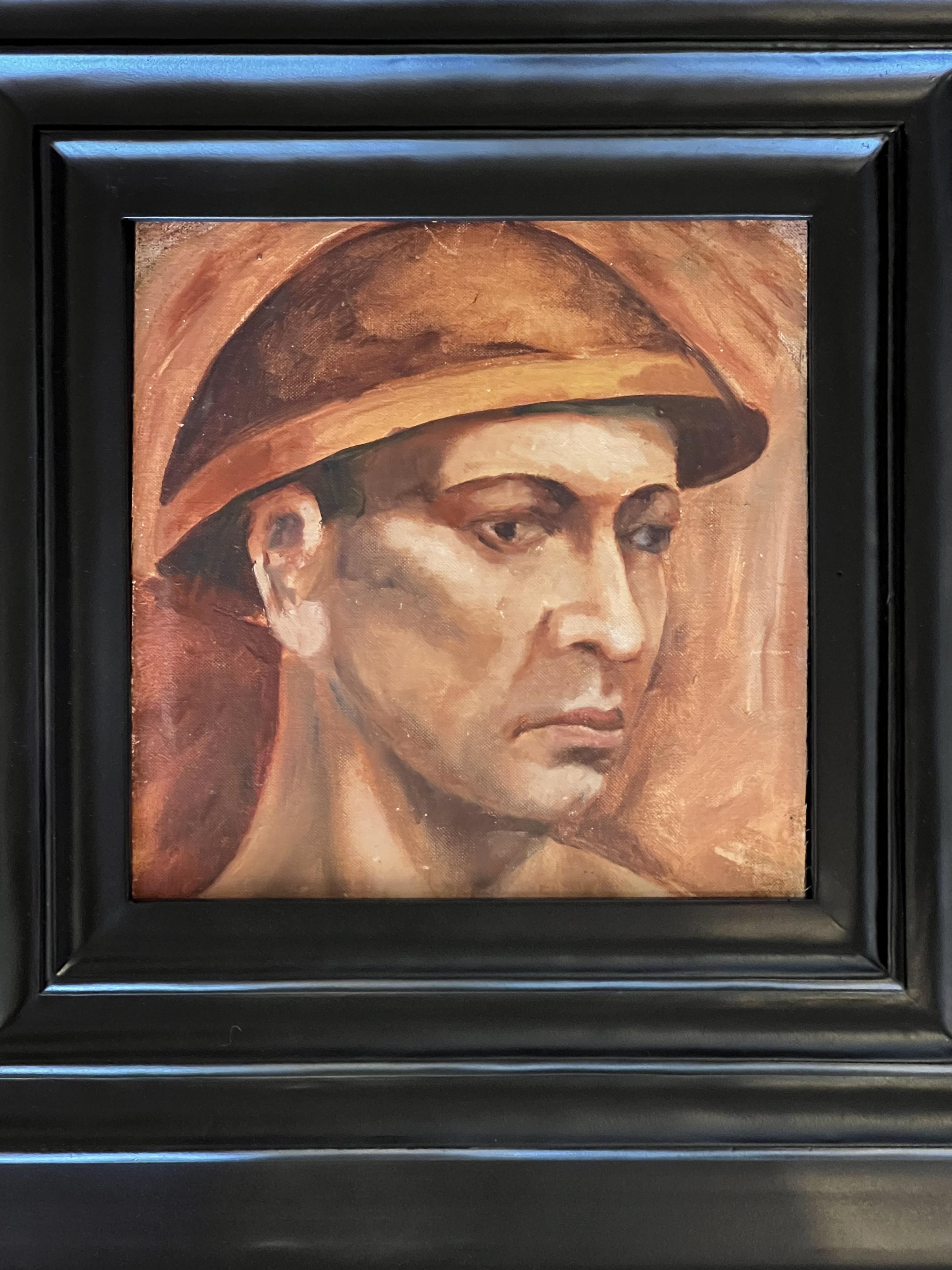 Retrato en acuarela de un soldado en un gran marco negro - Painting de Unknown