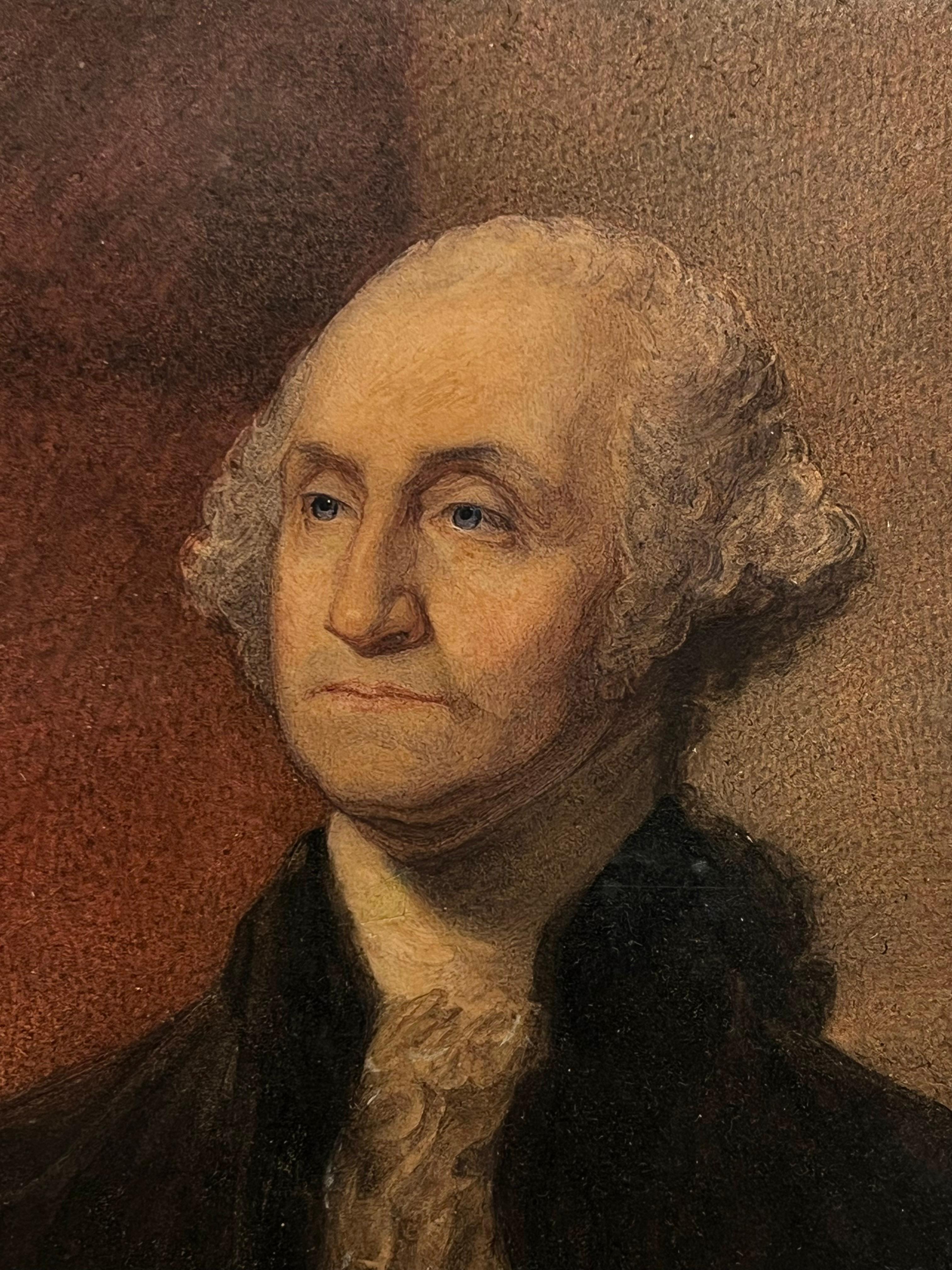 Cette aquarelle exceptionnelle de l'American School représentant le président George Washington est l'une des plus belles que nous ayons rencontrées. Le niveau de précision et de soin apporté aux traits du visage, à l'uniforme et à l'arrière-plan