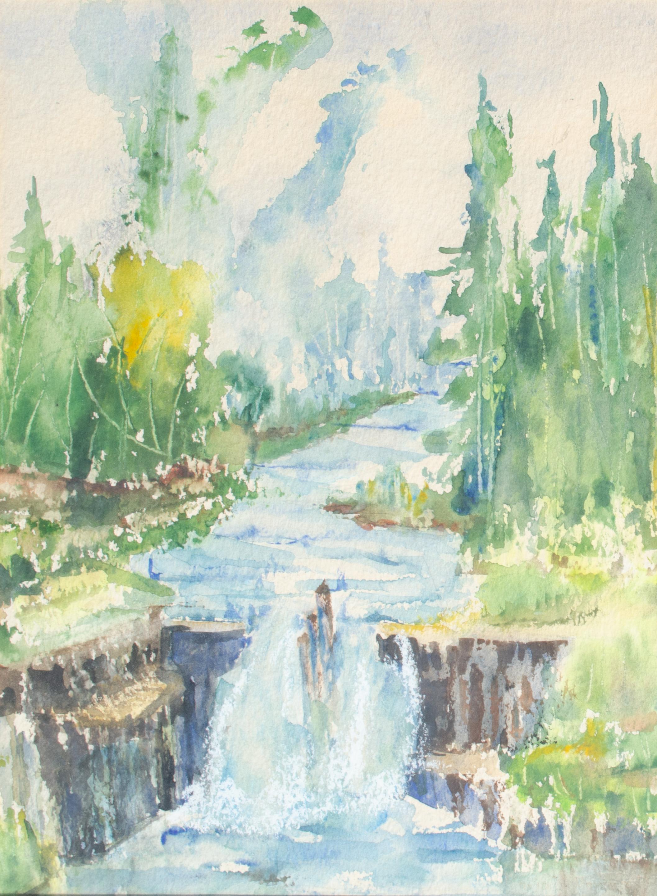 Aquarell Wasserfall von Mystery American Artist – Painting von Unknown