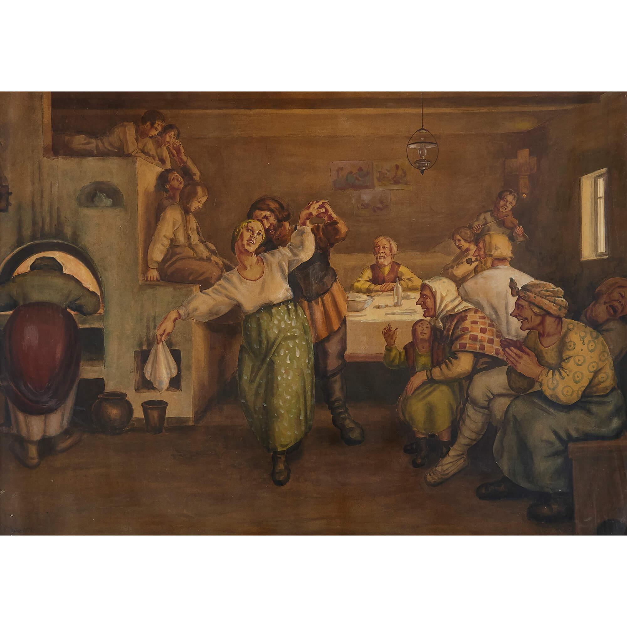 Watercolour painting of Russian peasants feasting by Teikh - Painting by Unknown