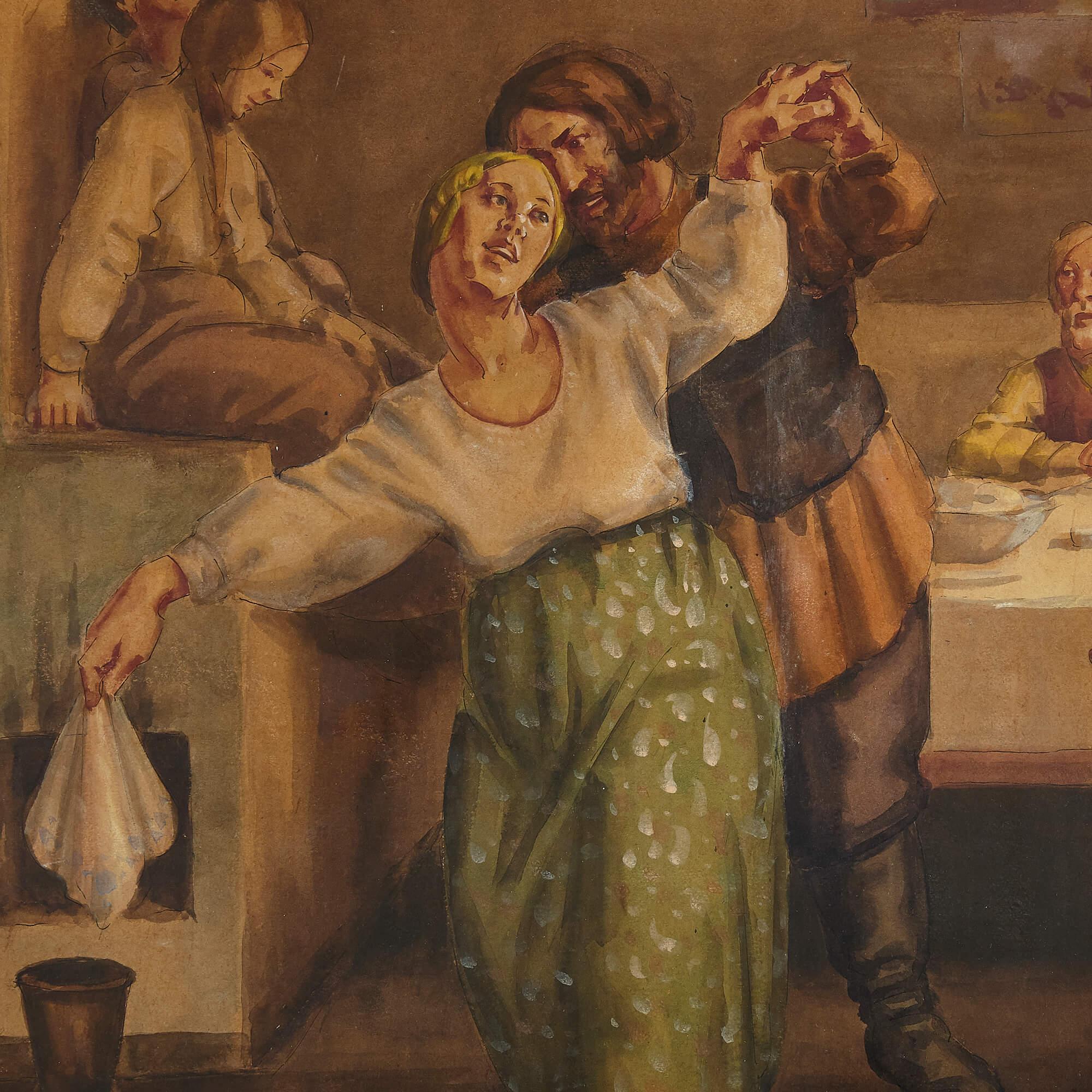 Aquarellgemälde mit der Darstellung russischer Bauern beim Mahlen von Teikh (Braun), Interior Painting, von Unknown
