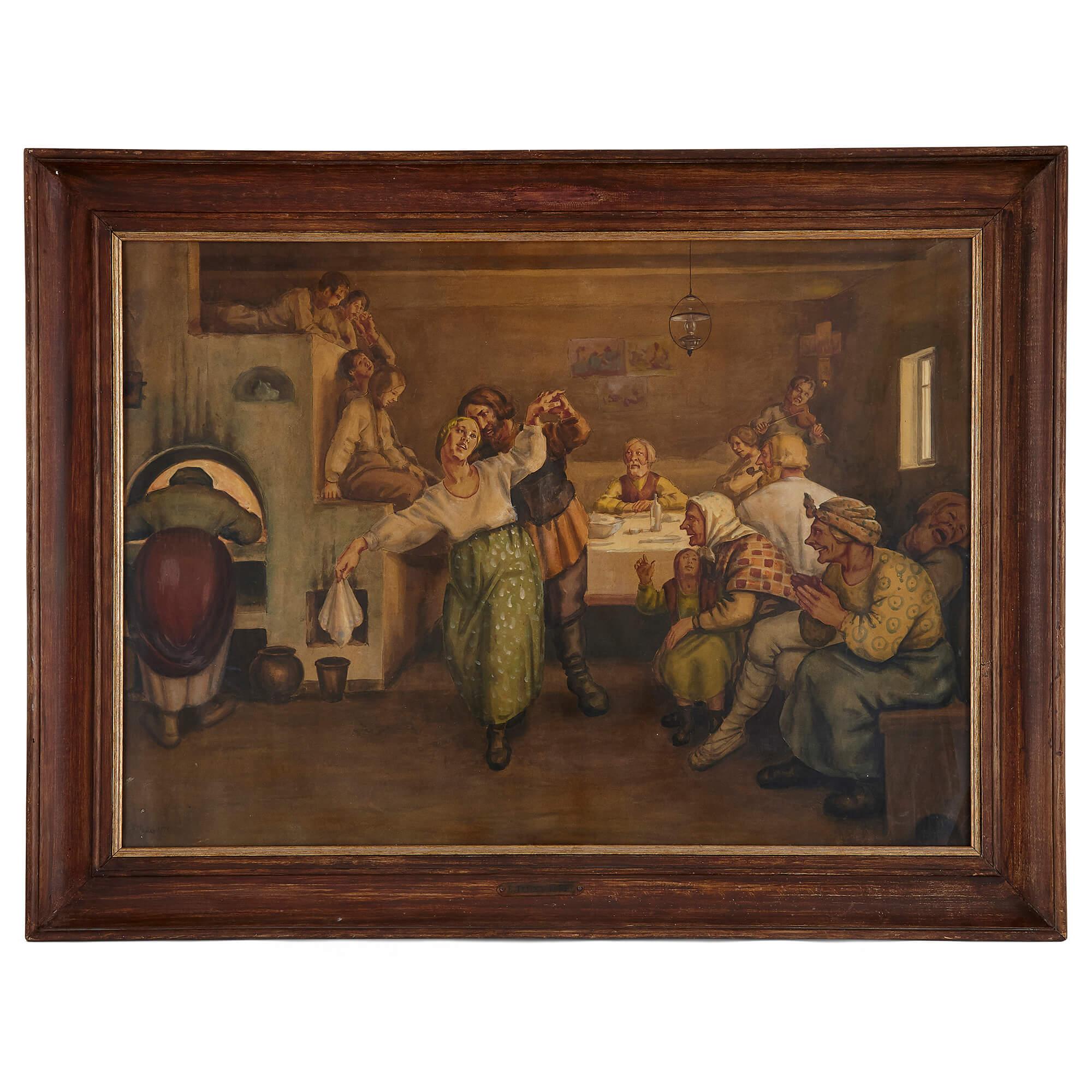 Unknown Interior Painting - Watercolour painting of Russian peasants feasting by Teikh