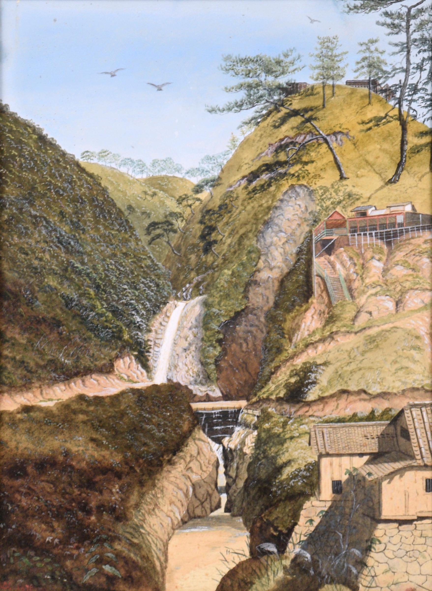 Cascate e case di montagna - Paesaggio giapponese 1878 - Painting di Unknown