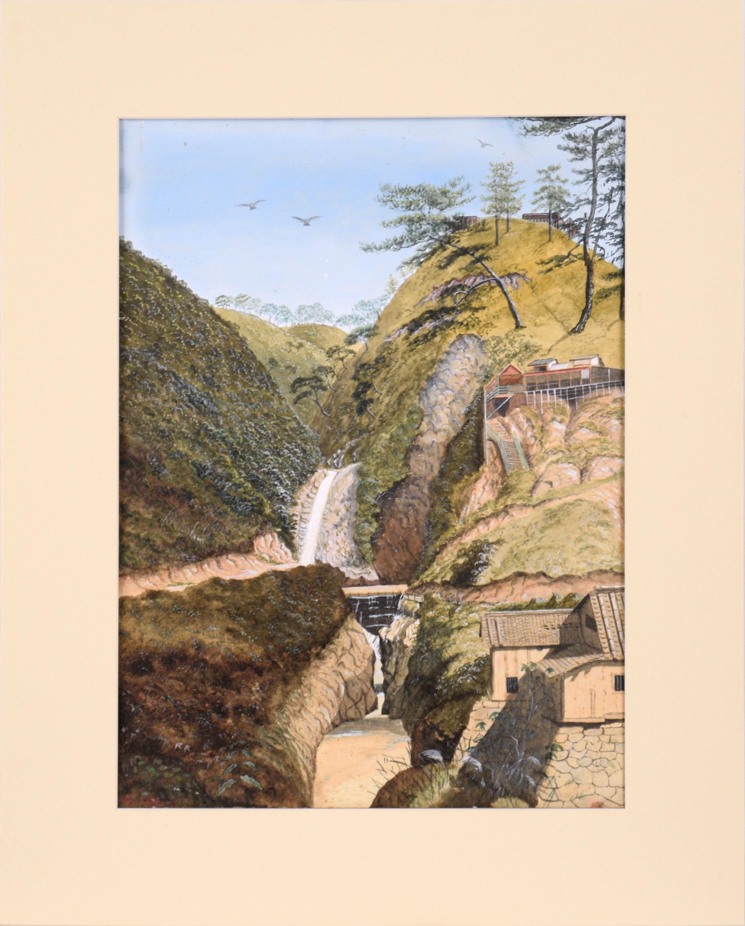 Landscape Painting di Unknown - Cascate e case di montagna - Paesaggio giapponese 1878
