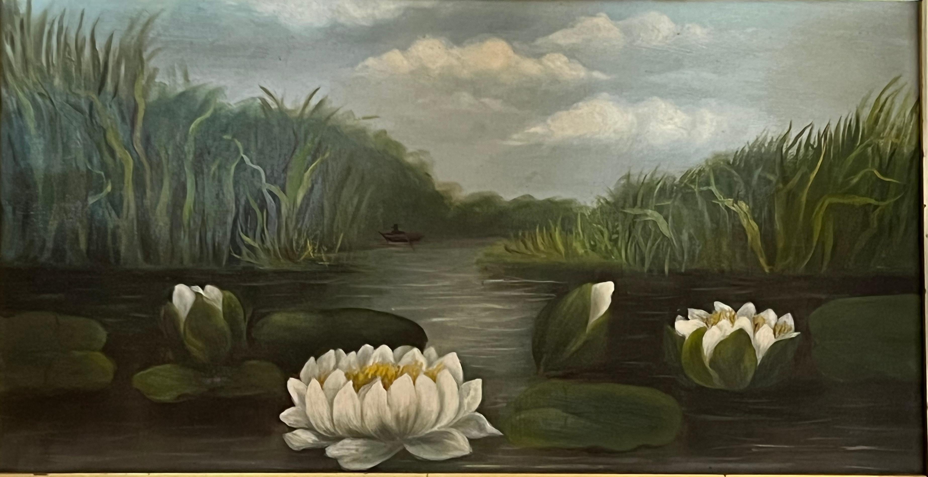 „Waterlilies“ Ölgemälde des Künstlers Incognito  – Painting von Unknown