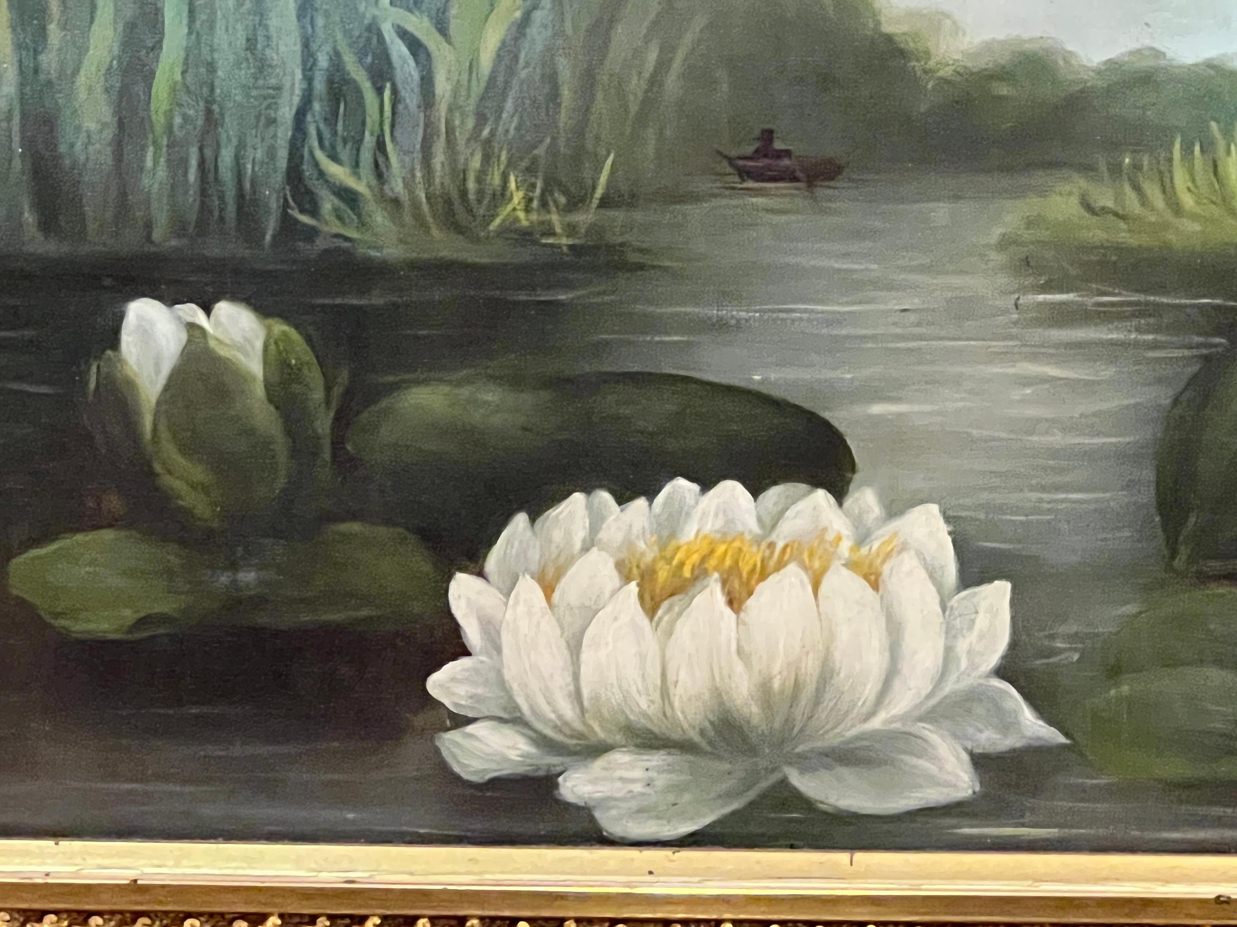 This striking oil painting seems to take on the depth, serene colors, and reflection of the pure white, spiritual lotus flowers. Floating on a reflective water surface, the artist captured the light bouncing off the water and leaves breaking the