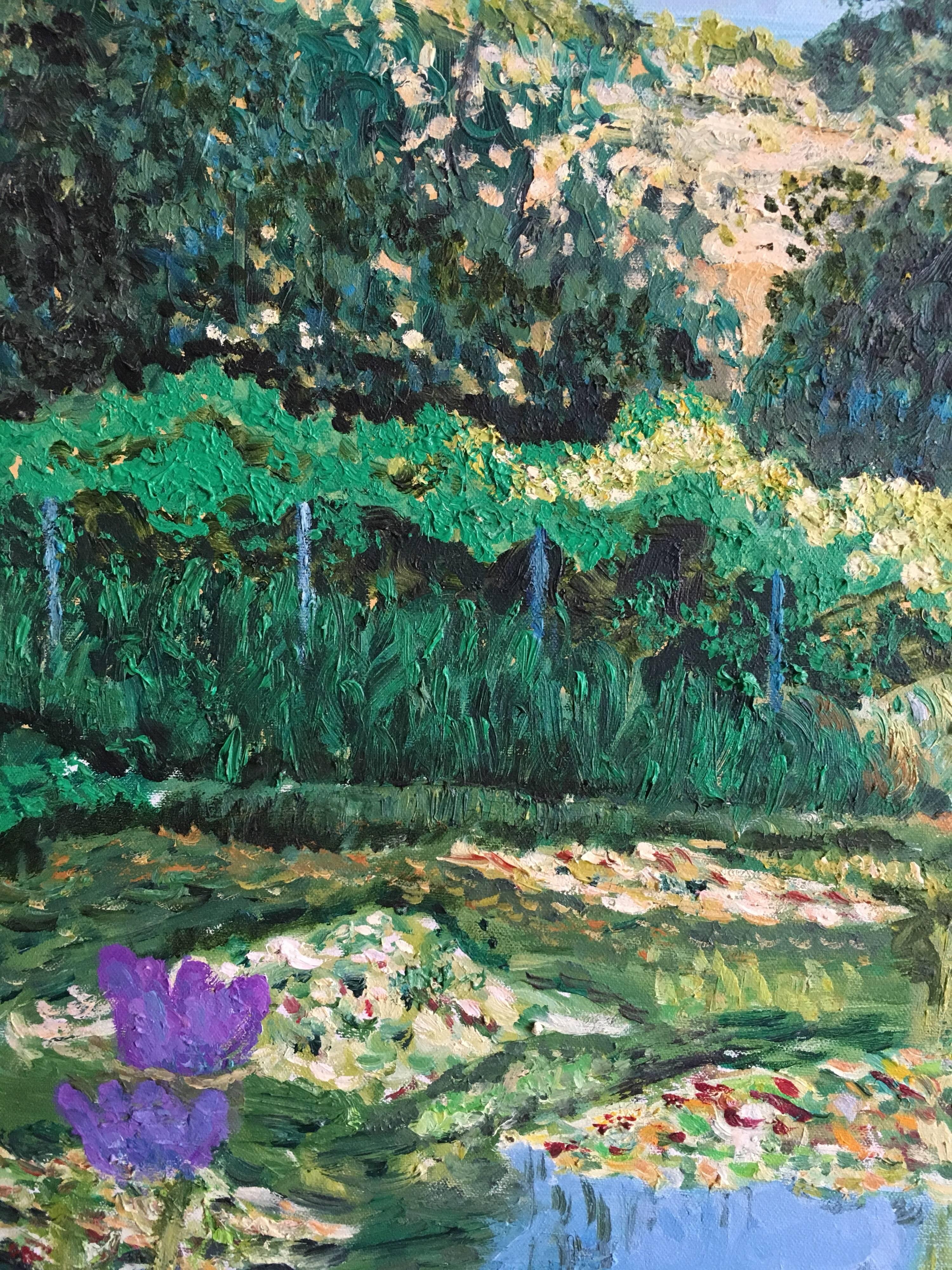 Monet's Water Lily Pond Giverny, French Impressionist Oil Painting - Gray Still-Life Painting by Unknown