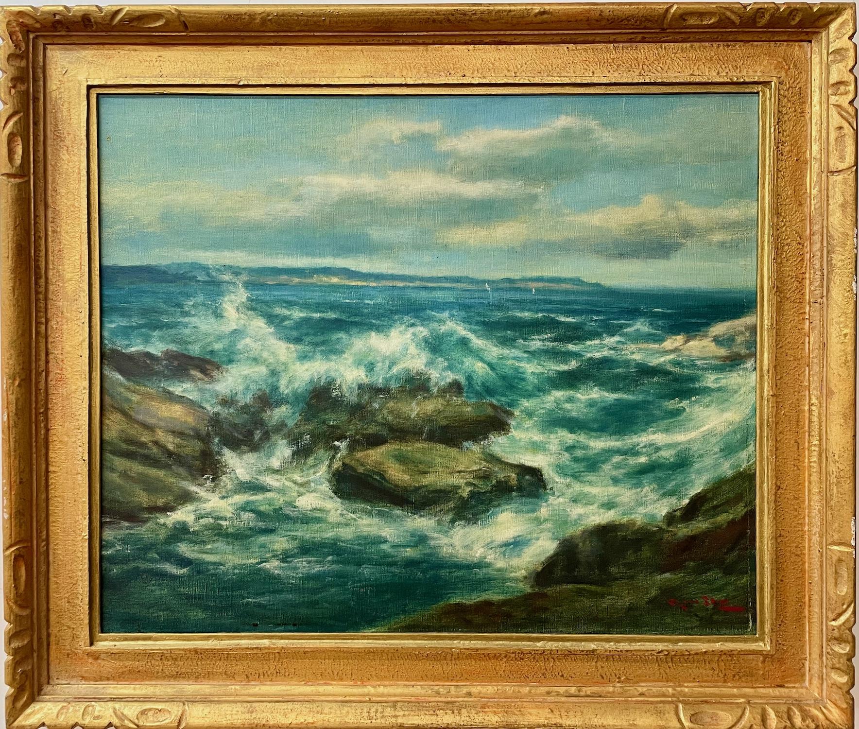 Unknown Landscape Painting – The Waves Crashing on the Rocks