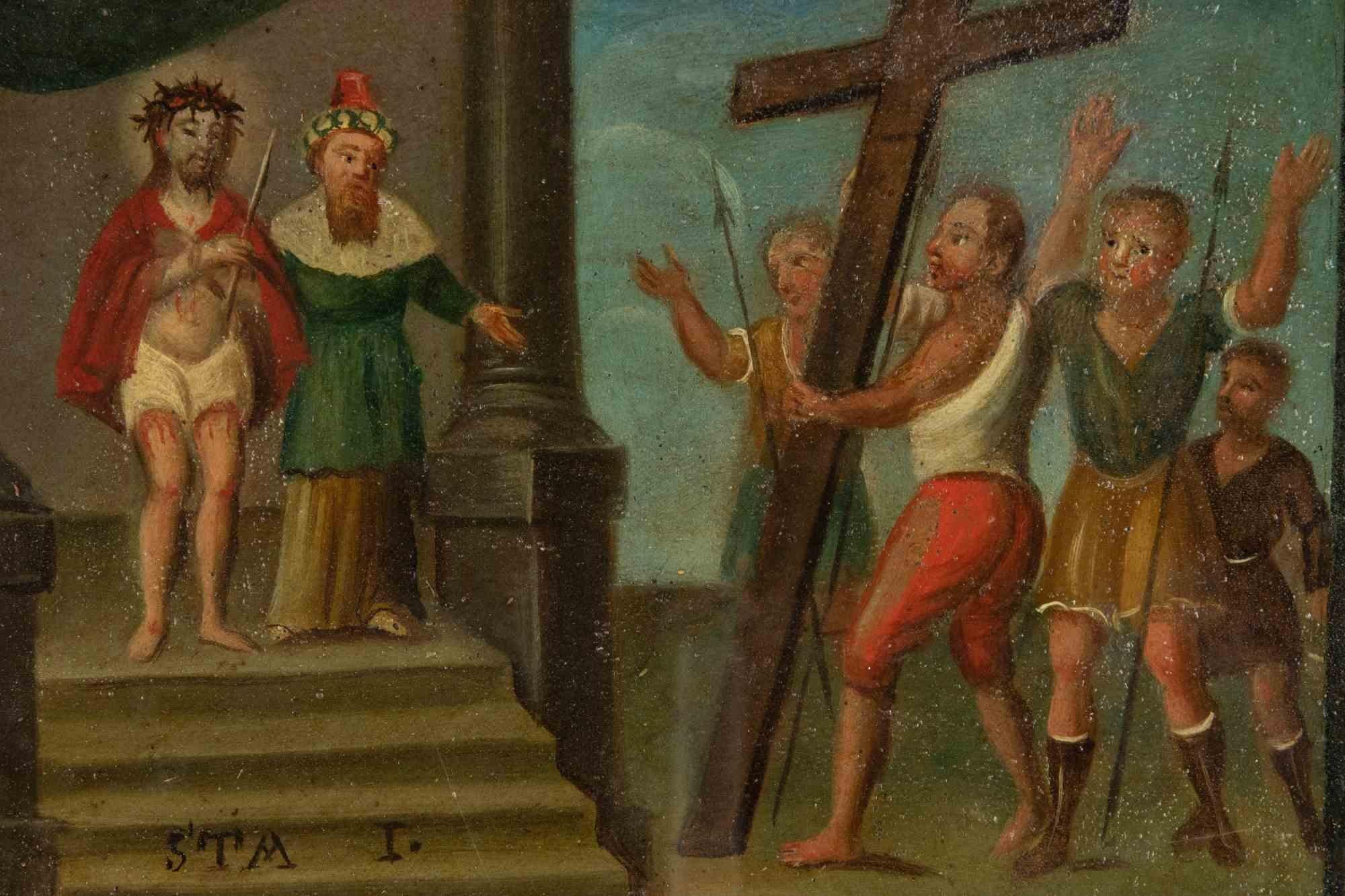 Way of the Cross - I is an original old master artwork realized in the 17th Century by Anonymous artist.

Mixed colored oil on copper.

Titled on the lower center: STA 1 (Staion 1 of Via Crucis)

The artwork represents a scene from the Way of the