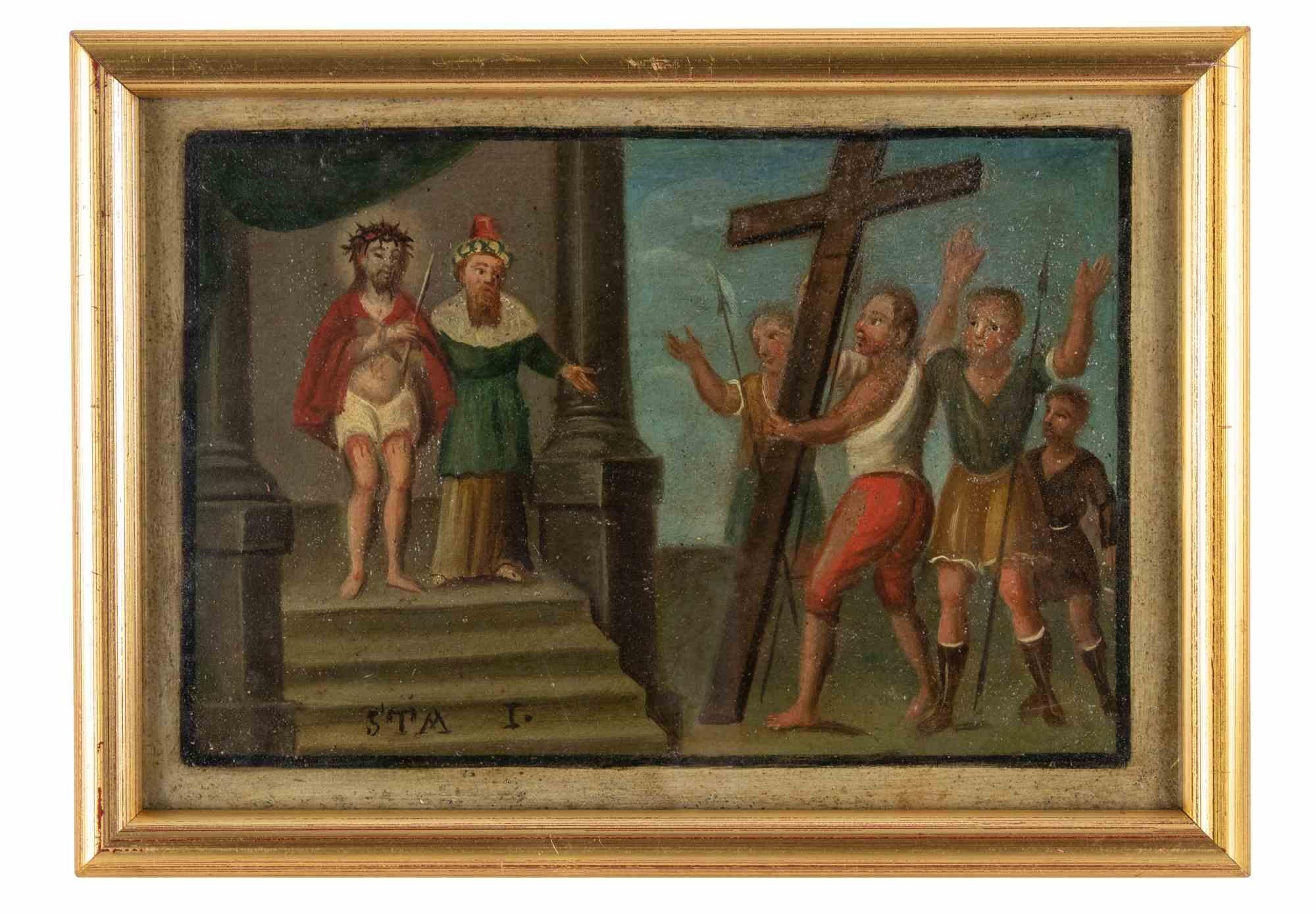 Unknown Figurative Painting - Way of the Cross - I - Oil Painting - 17th Century